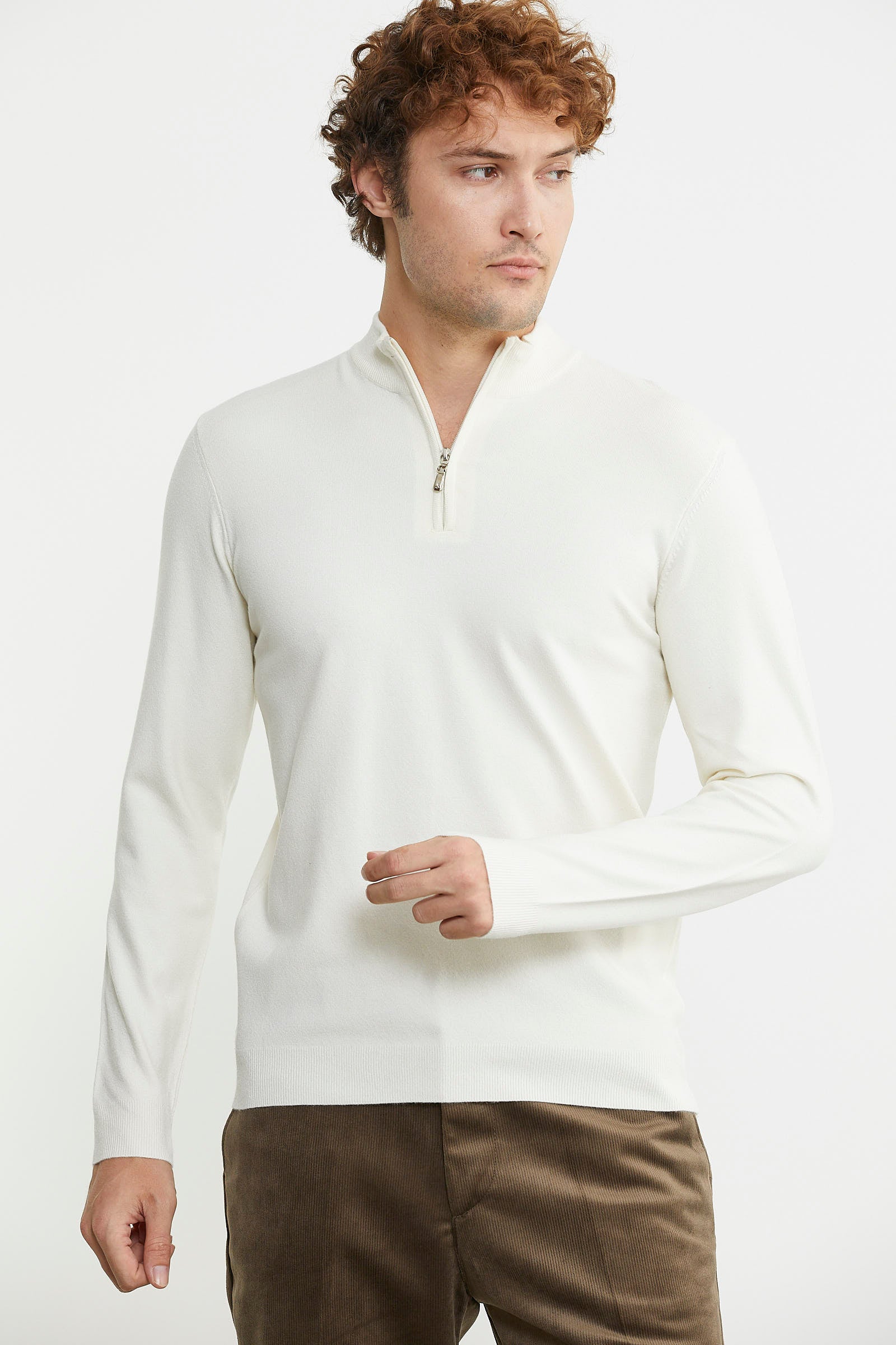 Dik Yaka Fermuarlı Triko Kazak - Kemik - Sementa