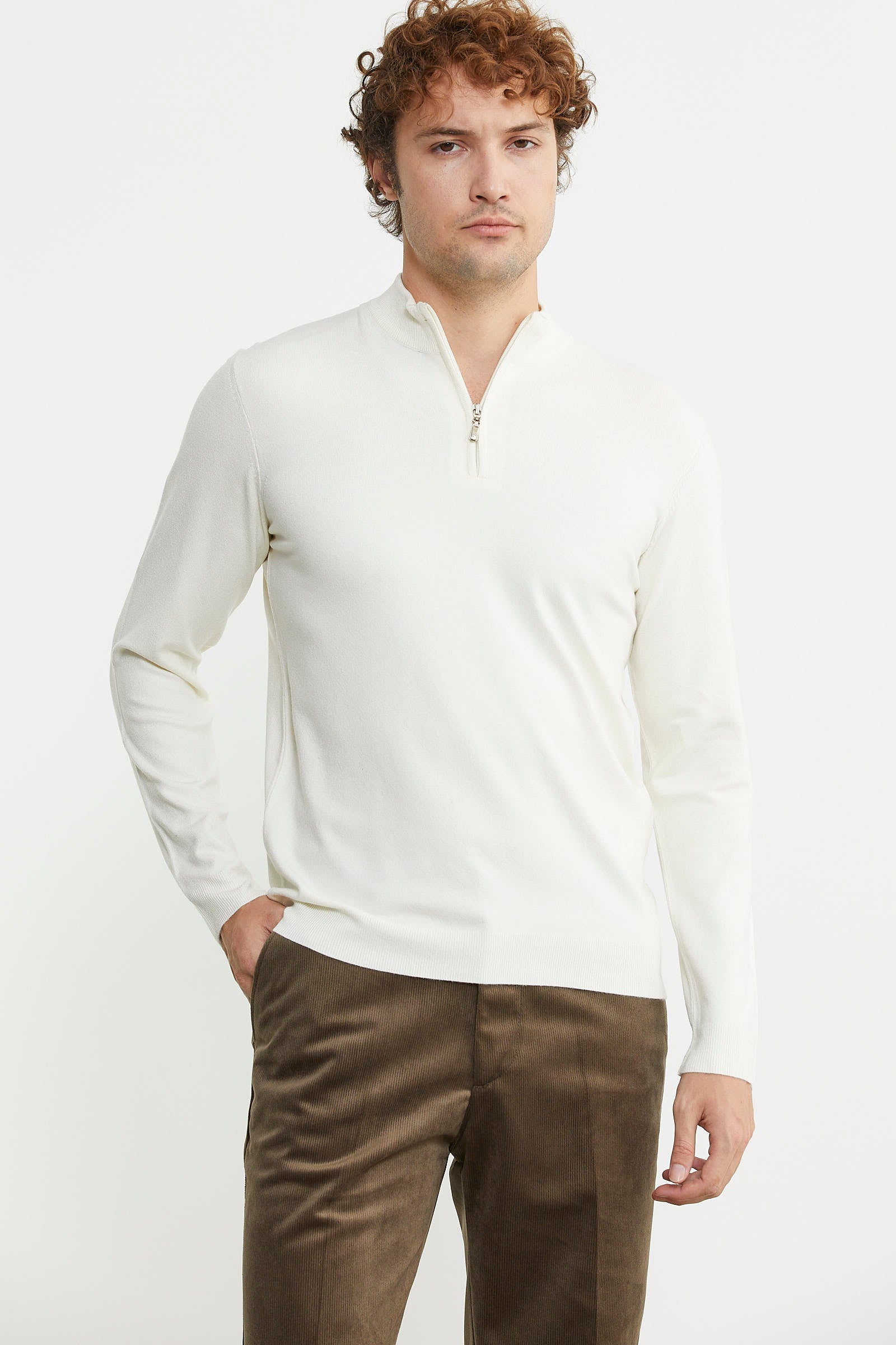 Dik Yaka Fermuarlı Triko Kazak - Kemik - Sementa