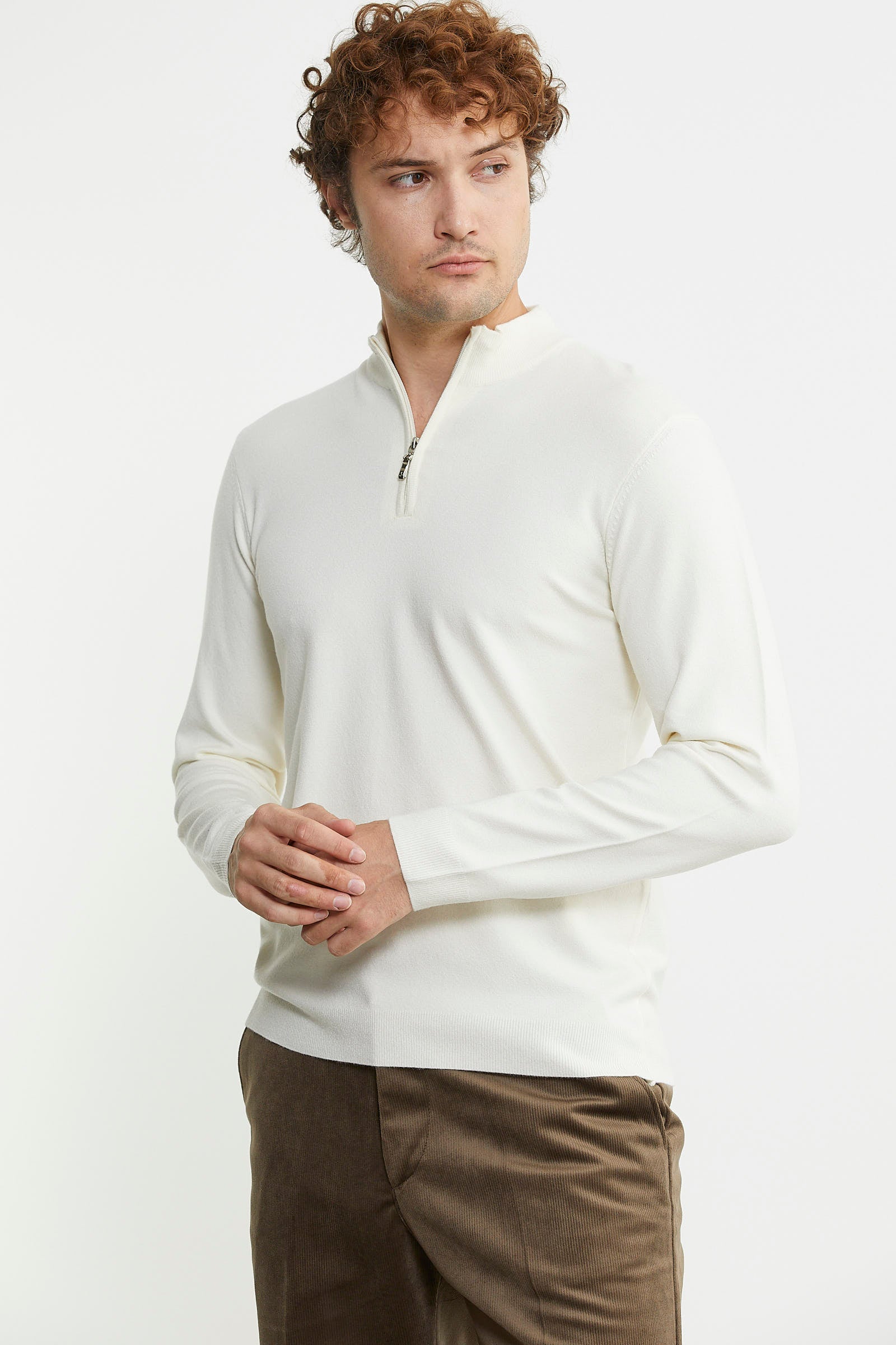 Dik Yaka Fermuarlı Triko Kazak - Kemik - Sementa