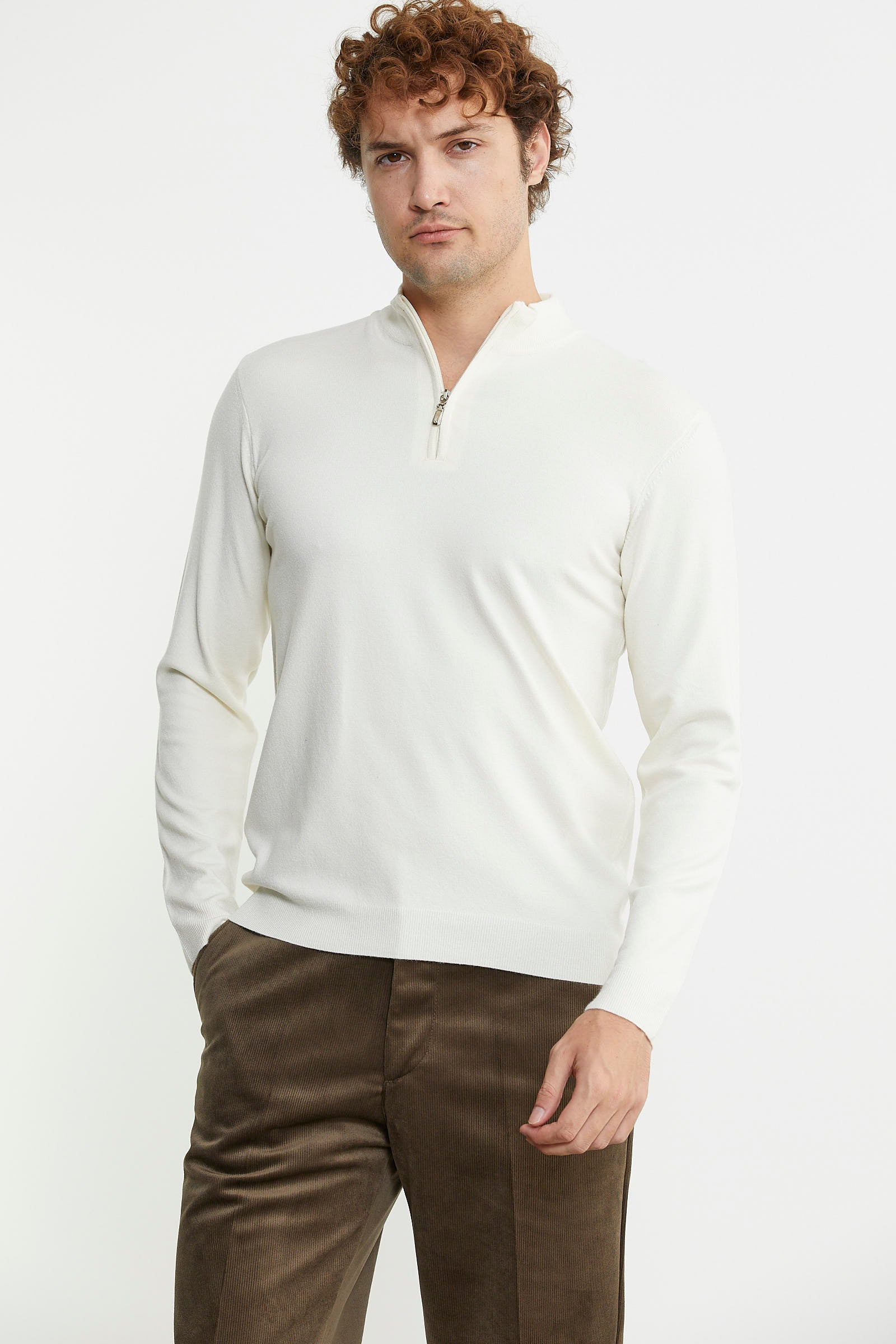 Dik Yaka Fermuarlı Triko Kazak - Kemik - Sementa