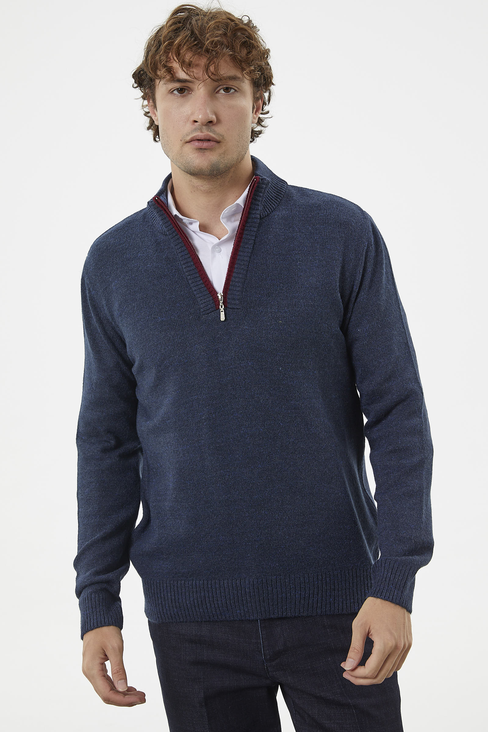 Dik Yaka Fermuarlı Triko Kazak - Lacivert (2) Sementa