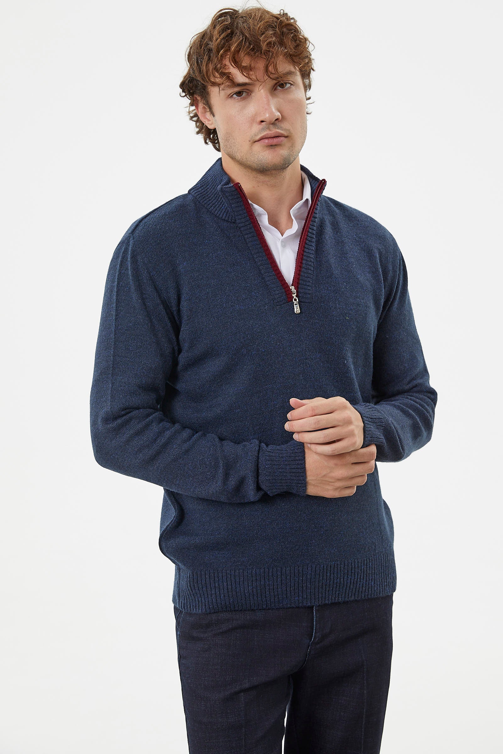 Dik Yaka Fermuarlı Triko Kazak - Lacivert (3) Sementa