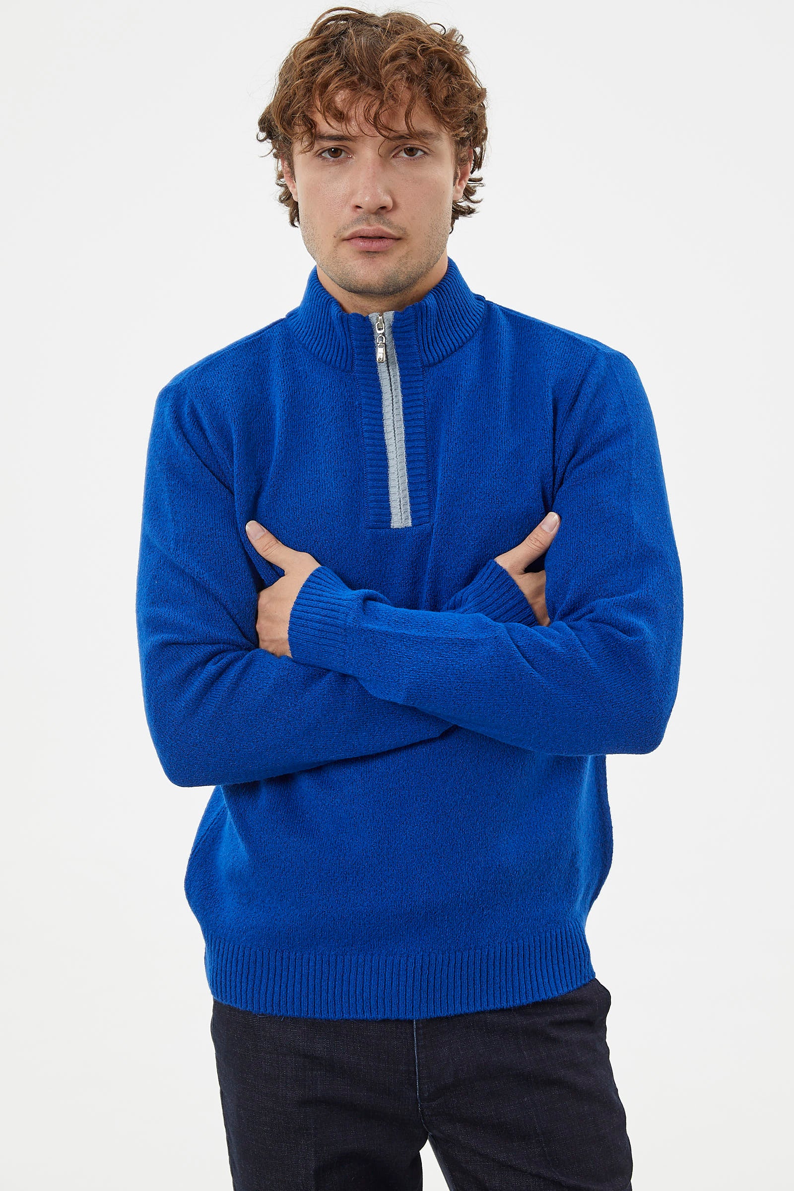 Dik Yaka Fermuarlı Triko Kazak - Saks (1) Sementa