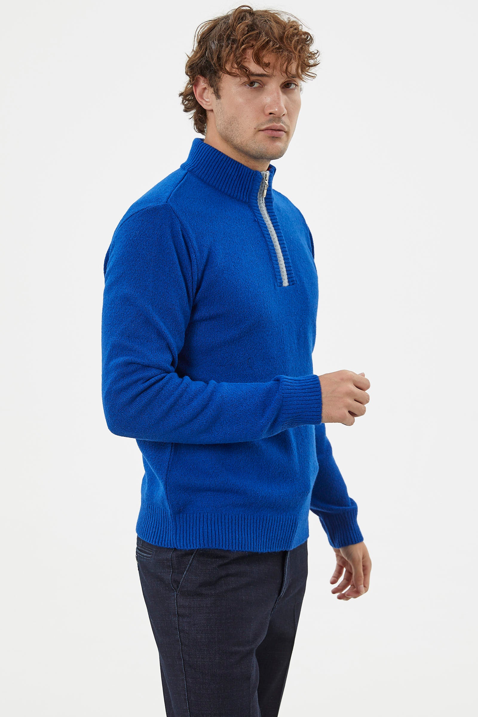 Dik Yaka Fermuarlı Triko Kazak - Saks (2) Sementa