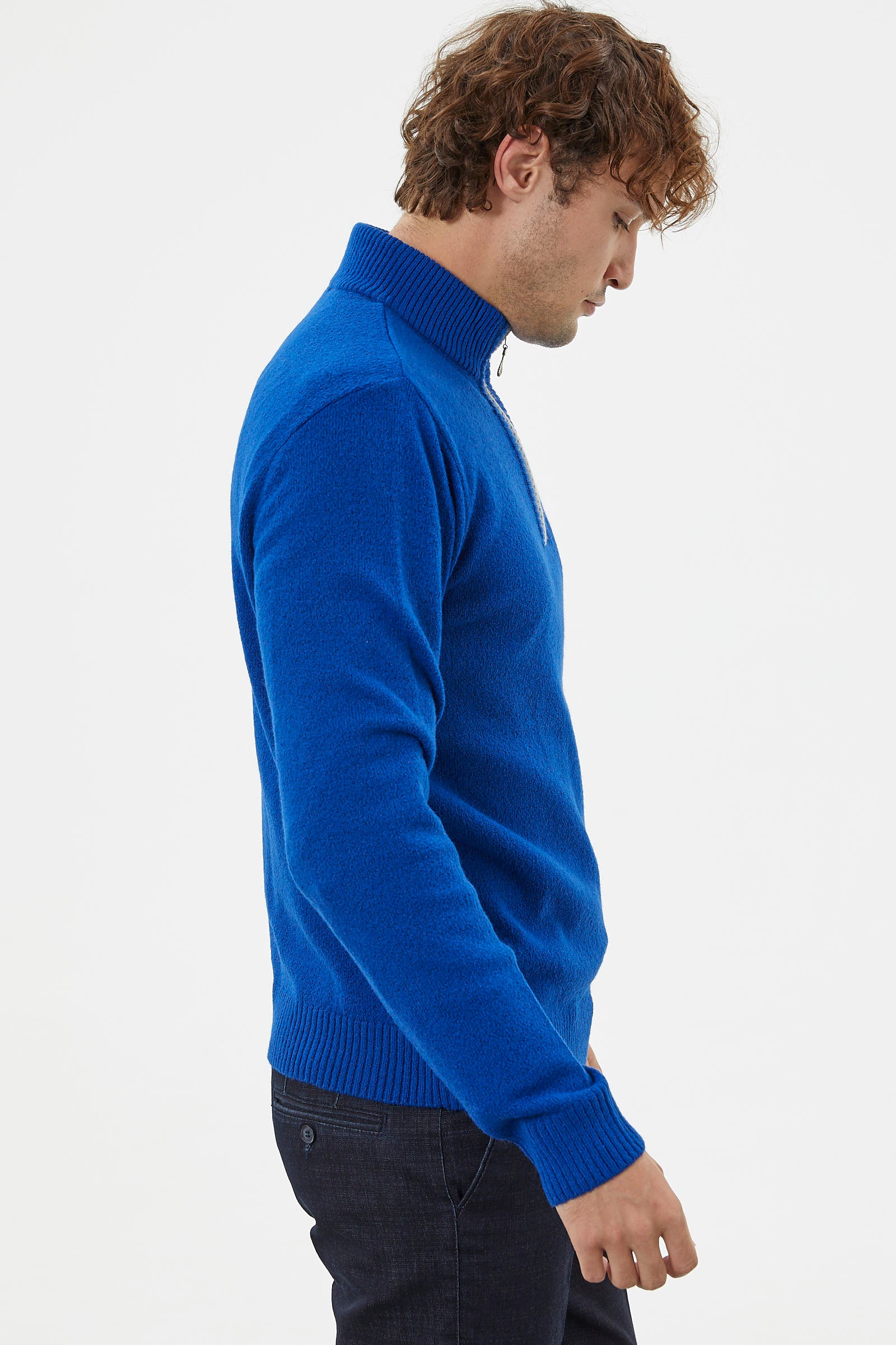 Dik Yaka Fermuarlı Triko Kazak - Saks (4) Sementa