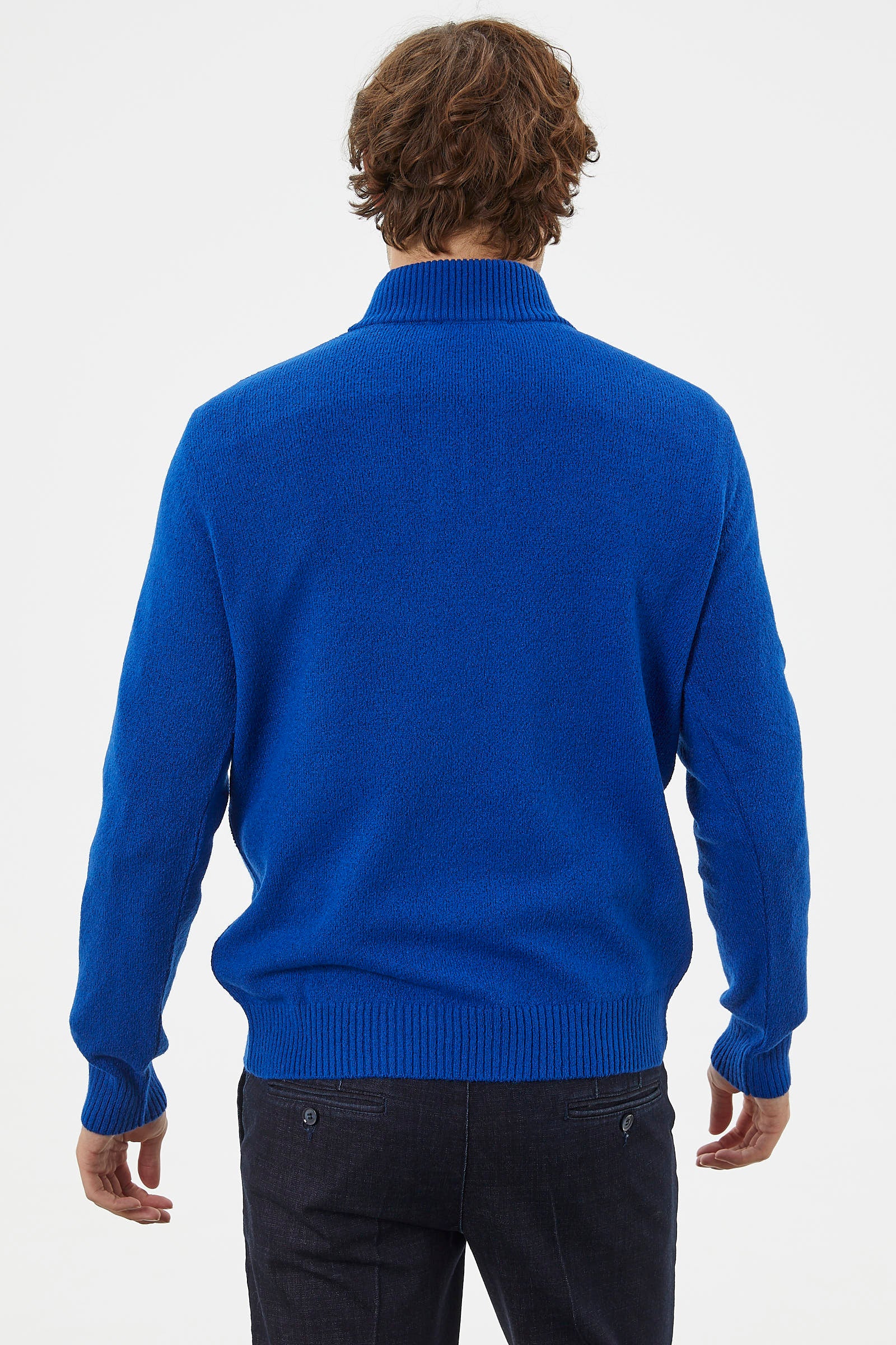 Dik Yaka Fermuarlı Triko Kazak - Saks (5) Sementa