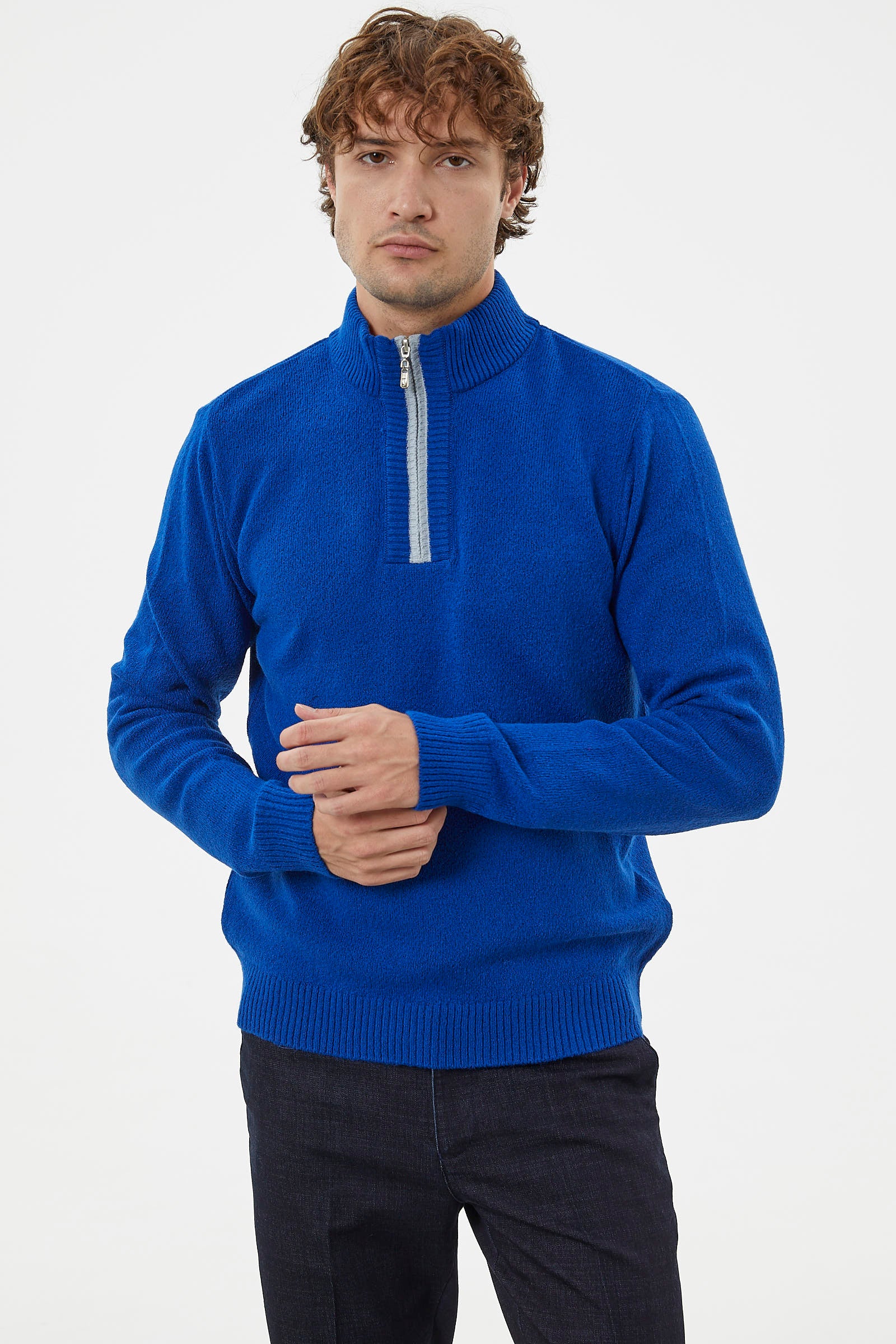 Dik Yaka Fermuarlı Triko Kazak - Saks (3) Sementa