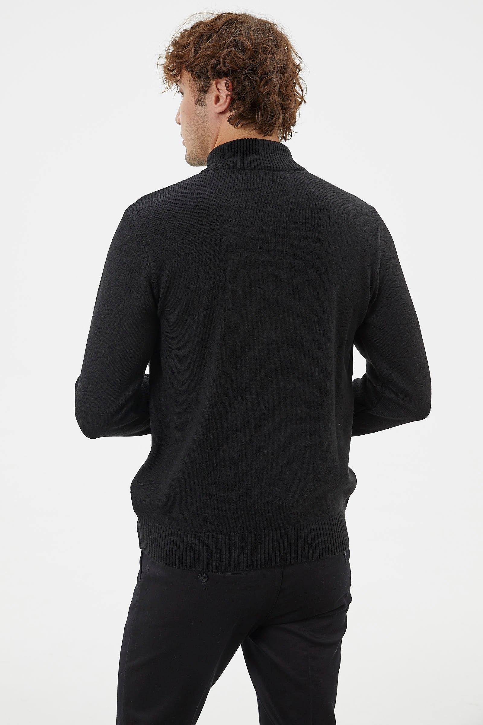 Dik Yaka Fermuarlı Triko Kazak - Siyah (4) Sementa