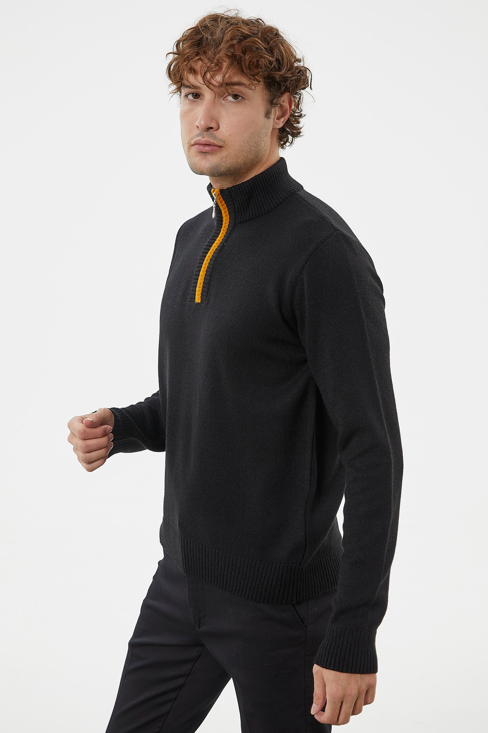 Dik Yaka Fermuarlı Triko Kazak - Siyah (2) Sementa