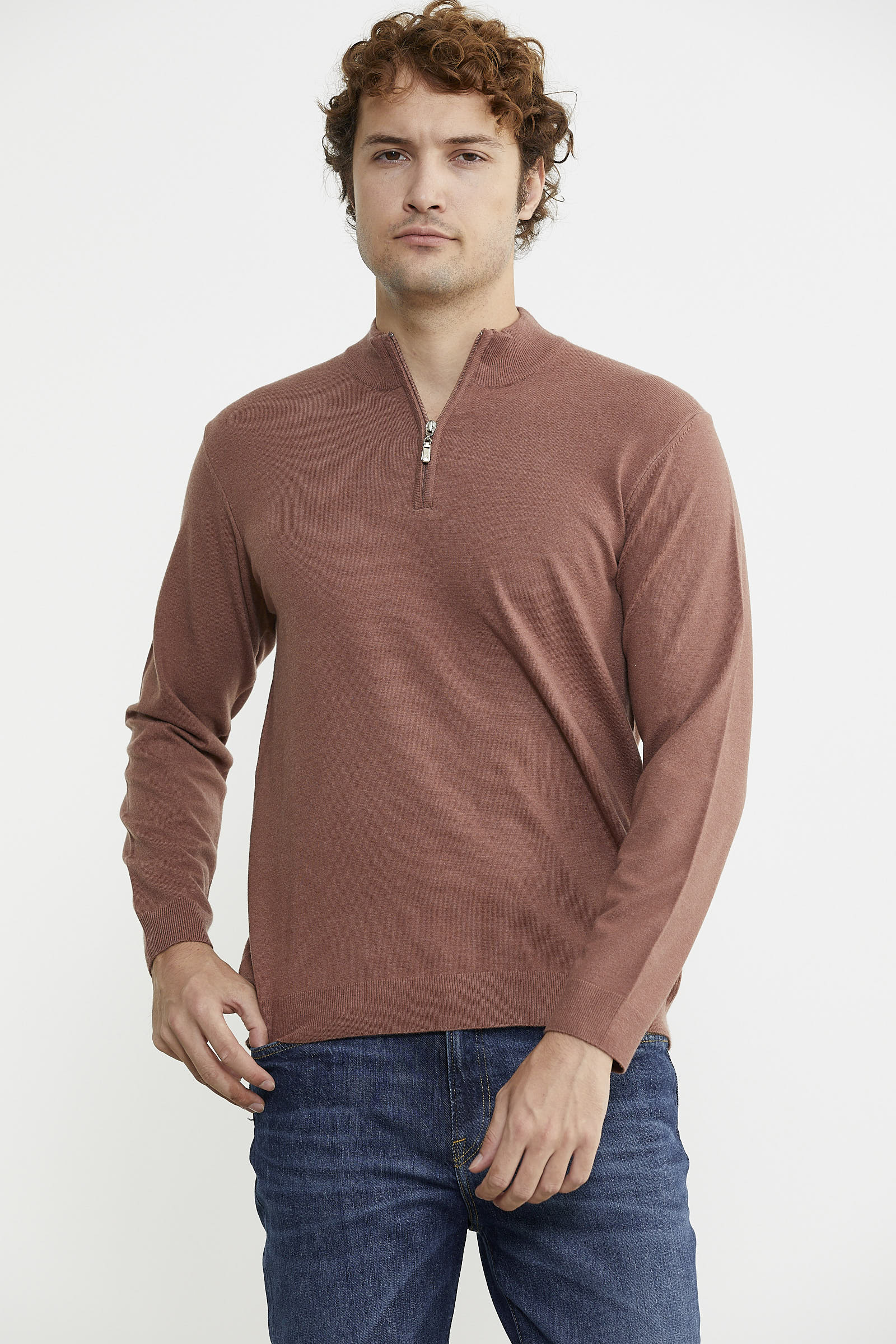 Dik Yaka Fermuarlı Triko Kazak - Tarçın - Sementa