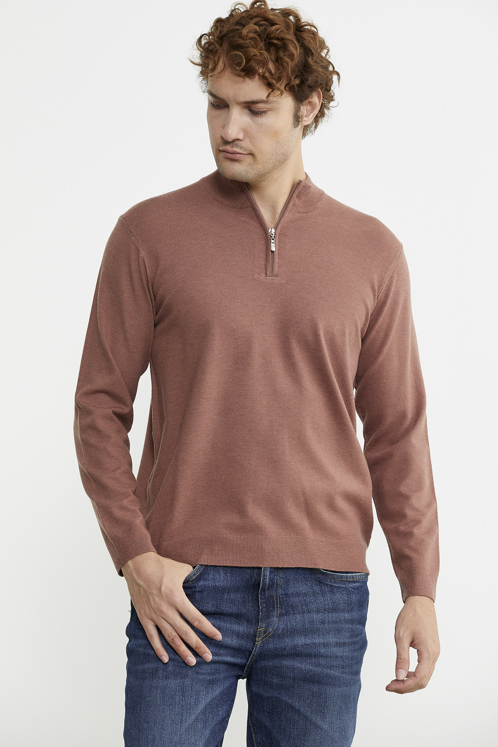 Dik Yaka Fermuarlı Triko Kazak - Tarçın - Sementa