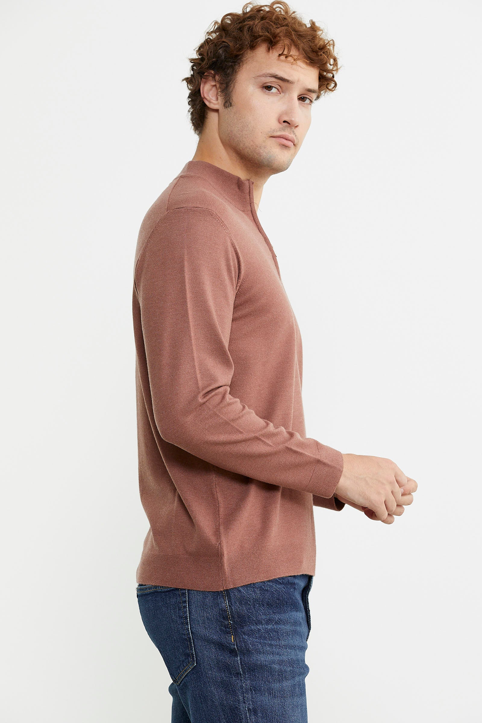 Dik Yaka Fermuarlı Triko Kazak - Tarçın - Sementa