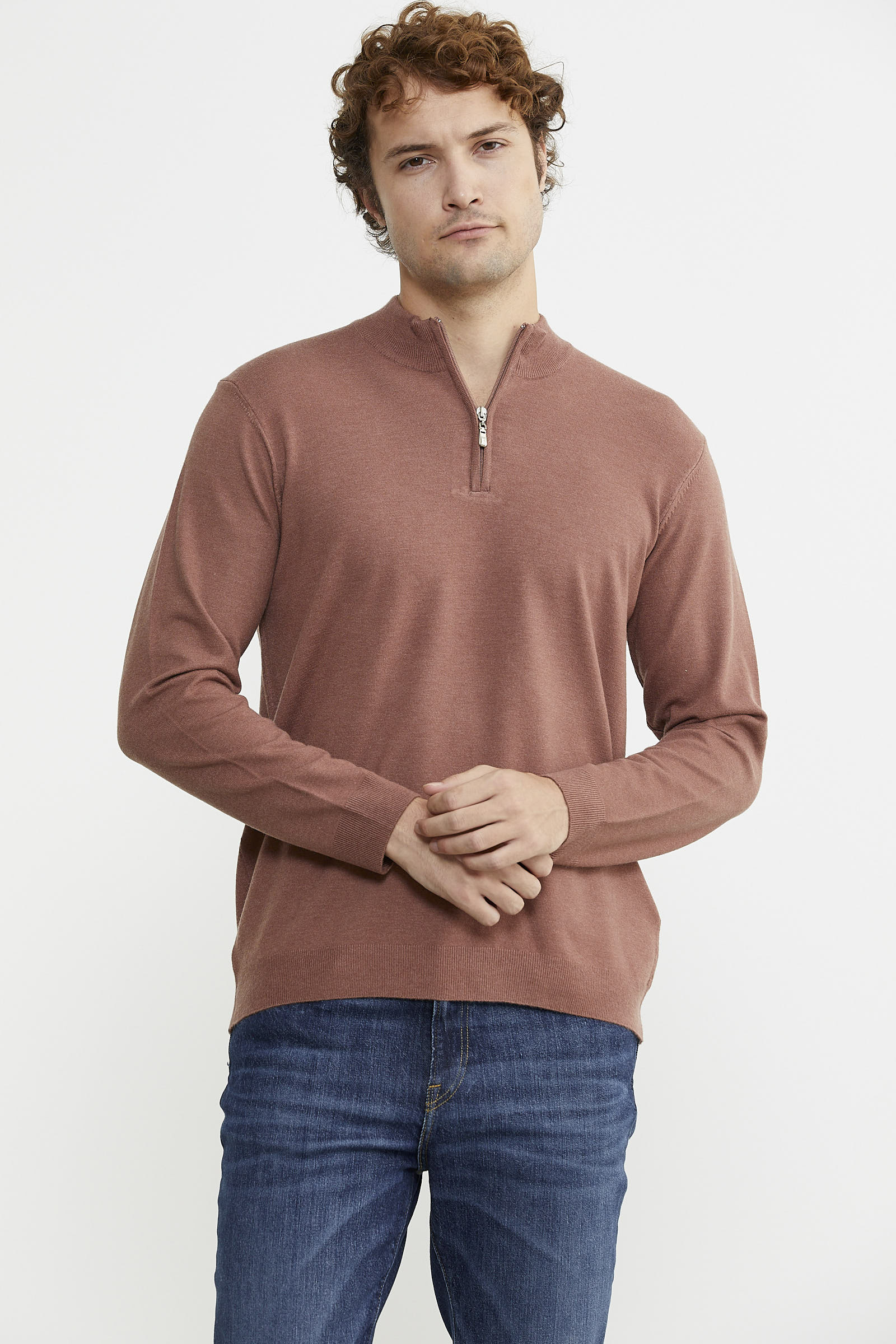 Dik Yaka Fermuarlı Triko Kazak - Tarçın - Sementa