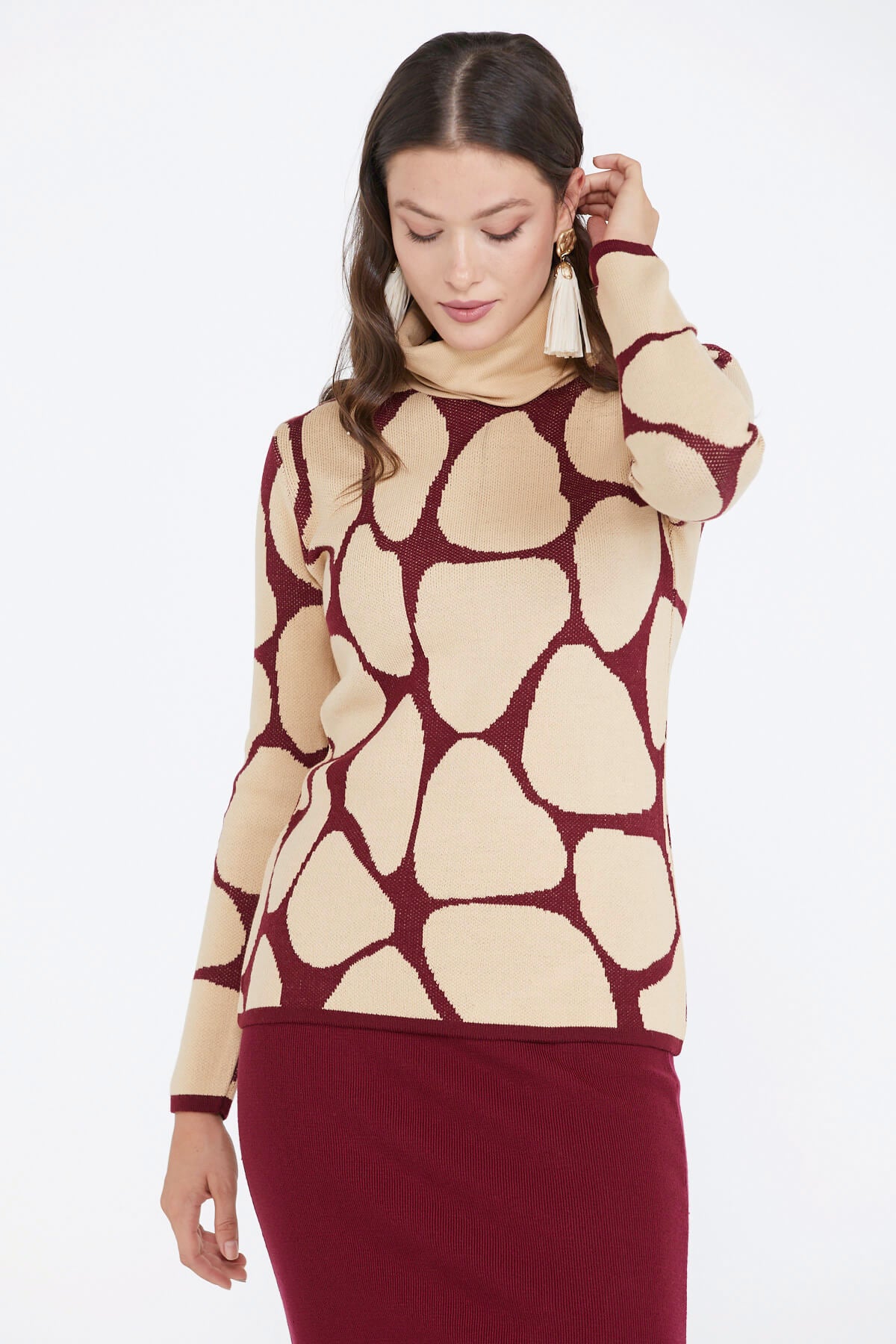 Dik Yaka Kadın Desenli Triko Kazak - Bordo - Bej (3) Sementa