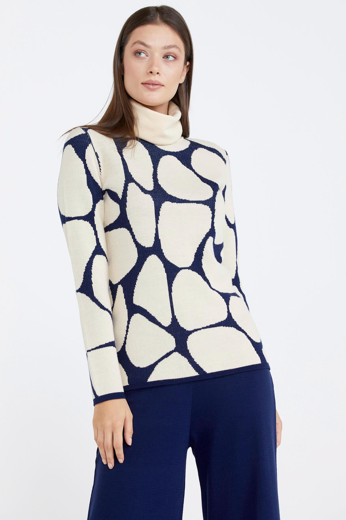 Dik Yaka Kadın Desenli Triko Kazak - Lacivert - Krem (3) Sementa