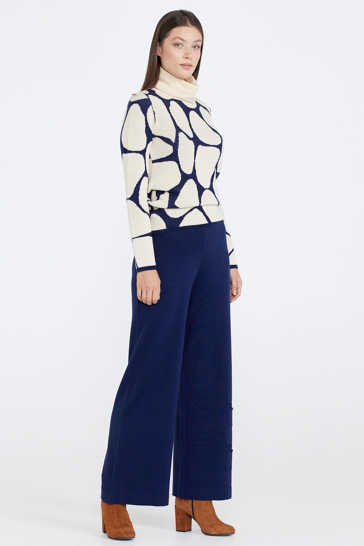 Dik Yaka Kadın Desenli Triko Kazak - Lacivert - Krem (4) Sementa