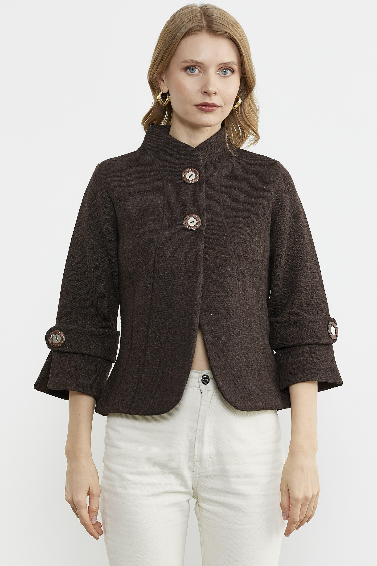 Dik Yaka Kalın Yünlü Triko Ceket - Kahve - Vizon (1) Sementa