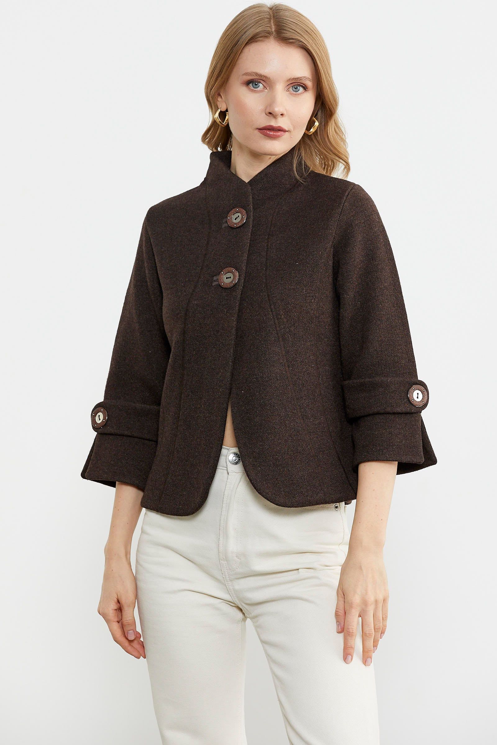 Dik Yaka Kalın Yünlü Triko Ceket - Kahve - Vizon (2) Sementa