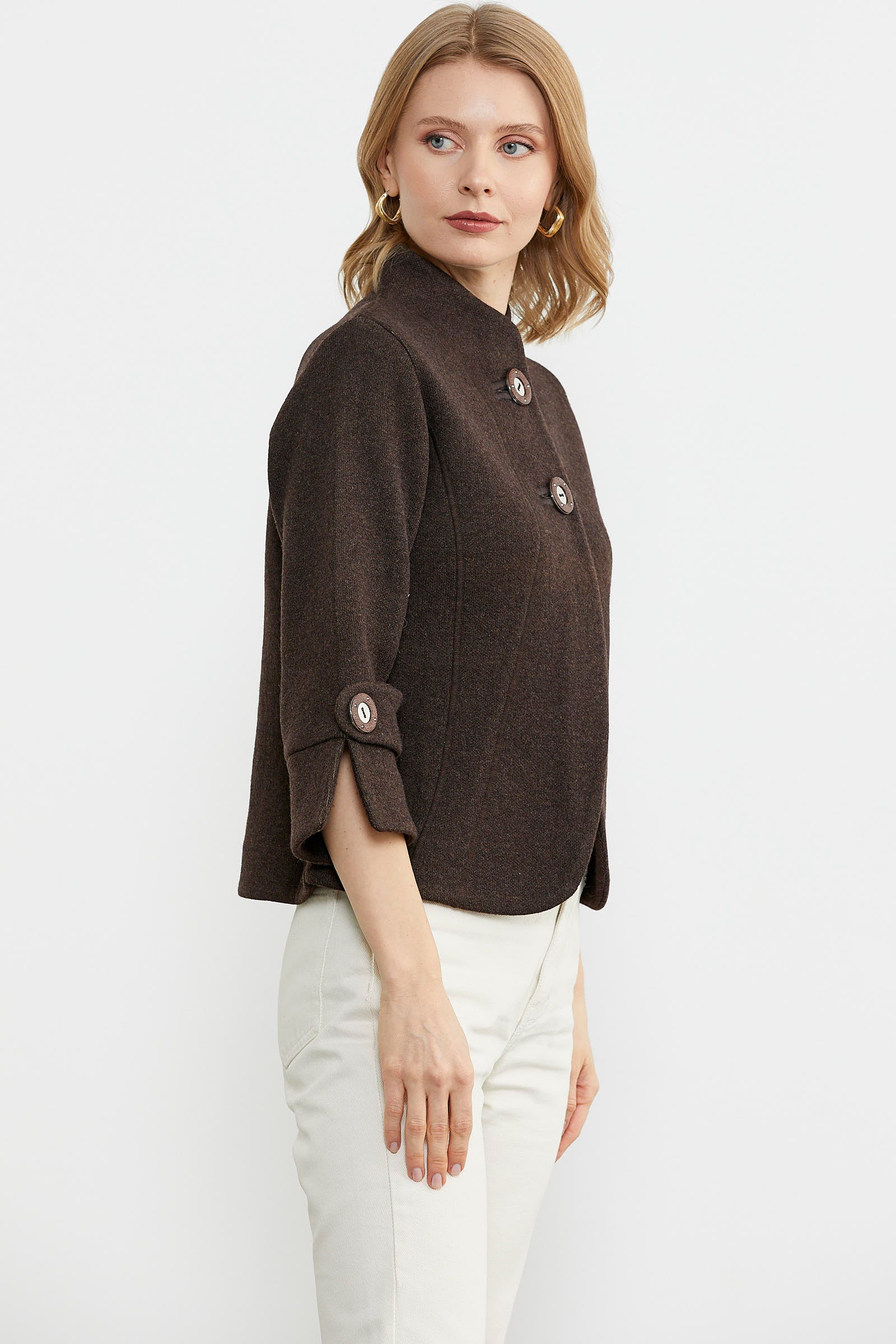 Dik Yaka Kalın Yünlü Triko Ceket - Kahve - Vizon (4) Sementa