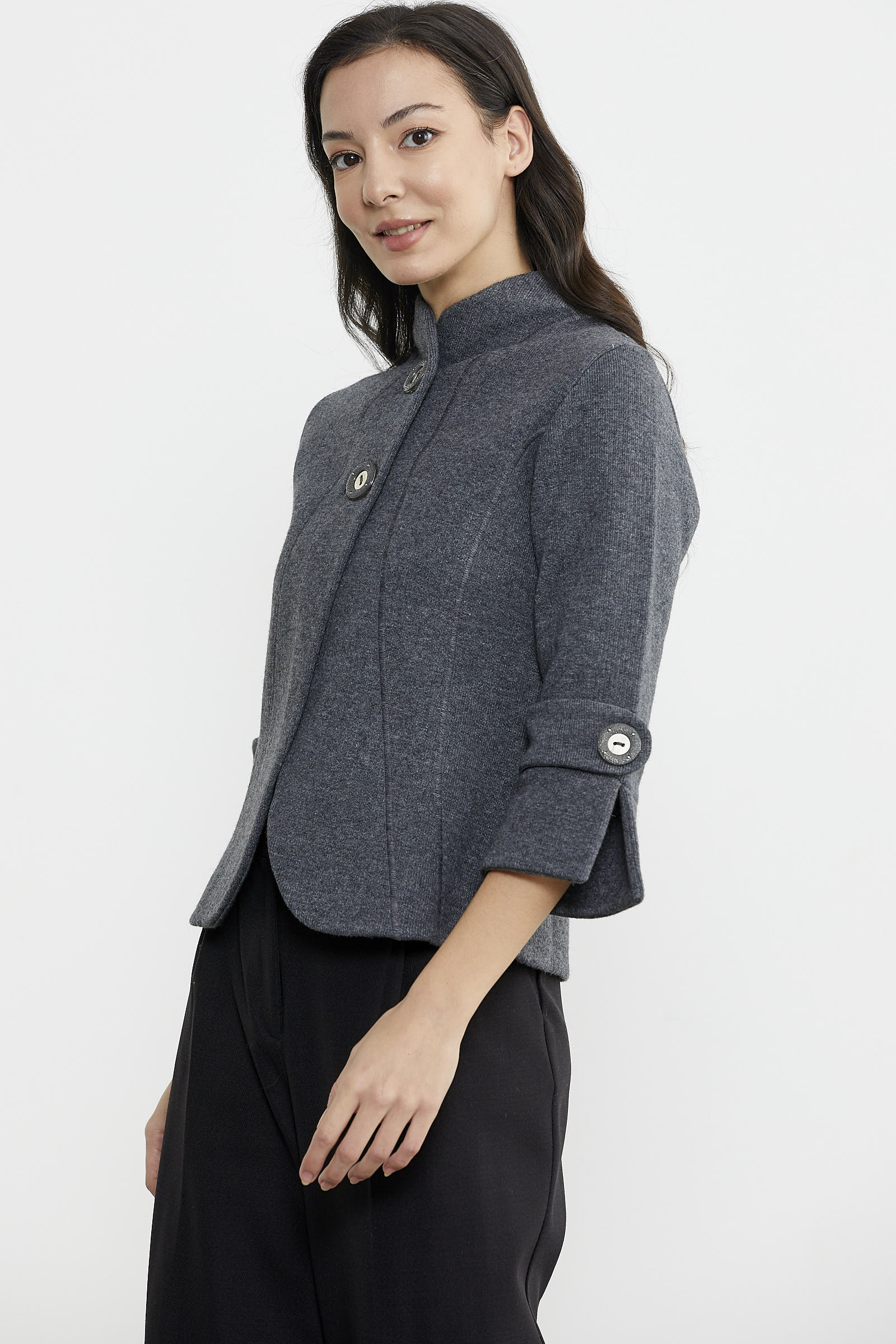 Dik Yaka Kalın Yünlü Triko Ceket - Koyu Gri - Siyah (3) Sementa