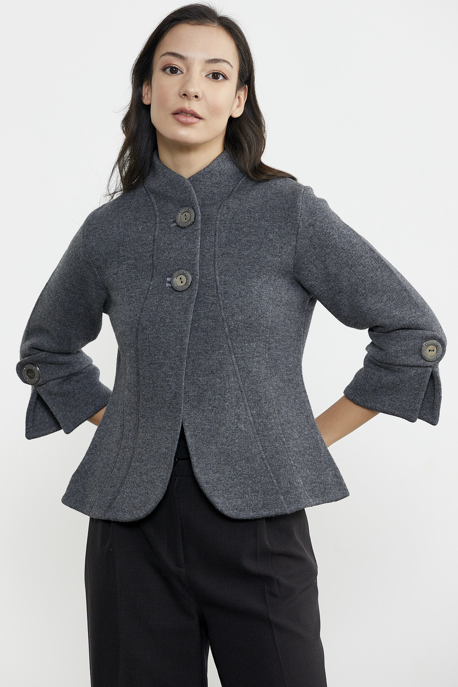 Dik Yaka Kalın Yünlü Triko Ceket - Koyu Gri - Siyah (4) Sementa