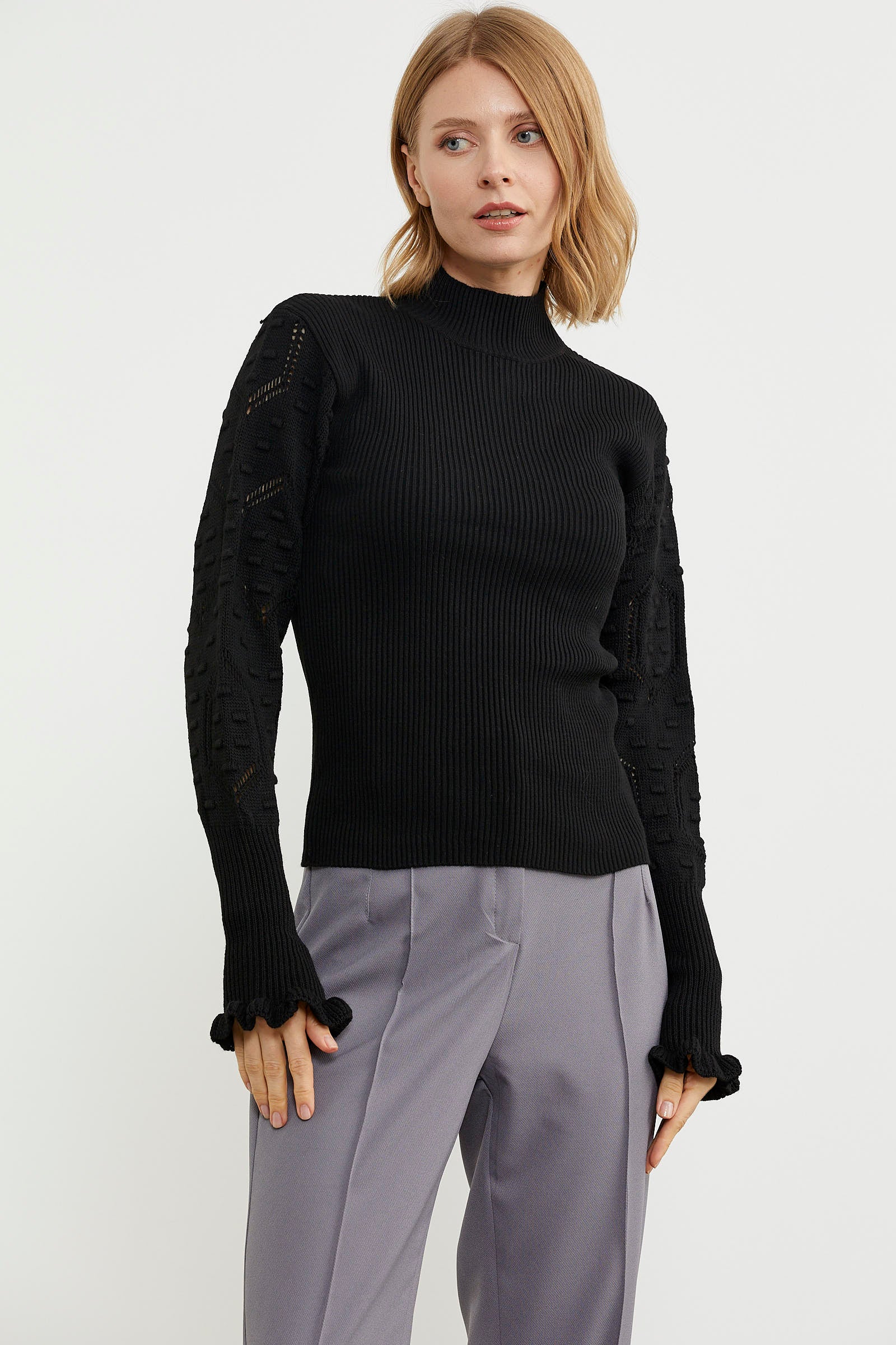 Dik Yaka Kol Detaylı Triko Kazak - Siyah (2) Sementa