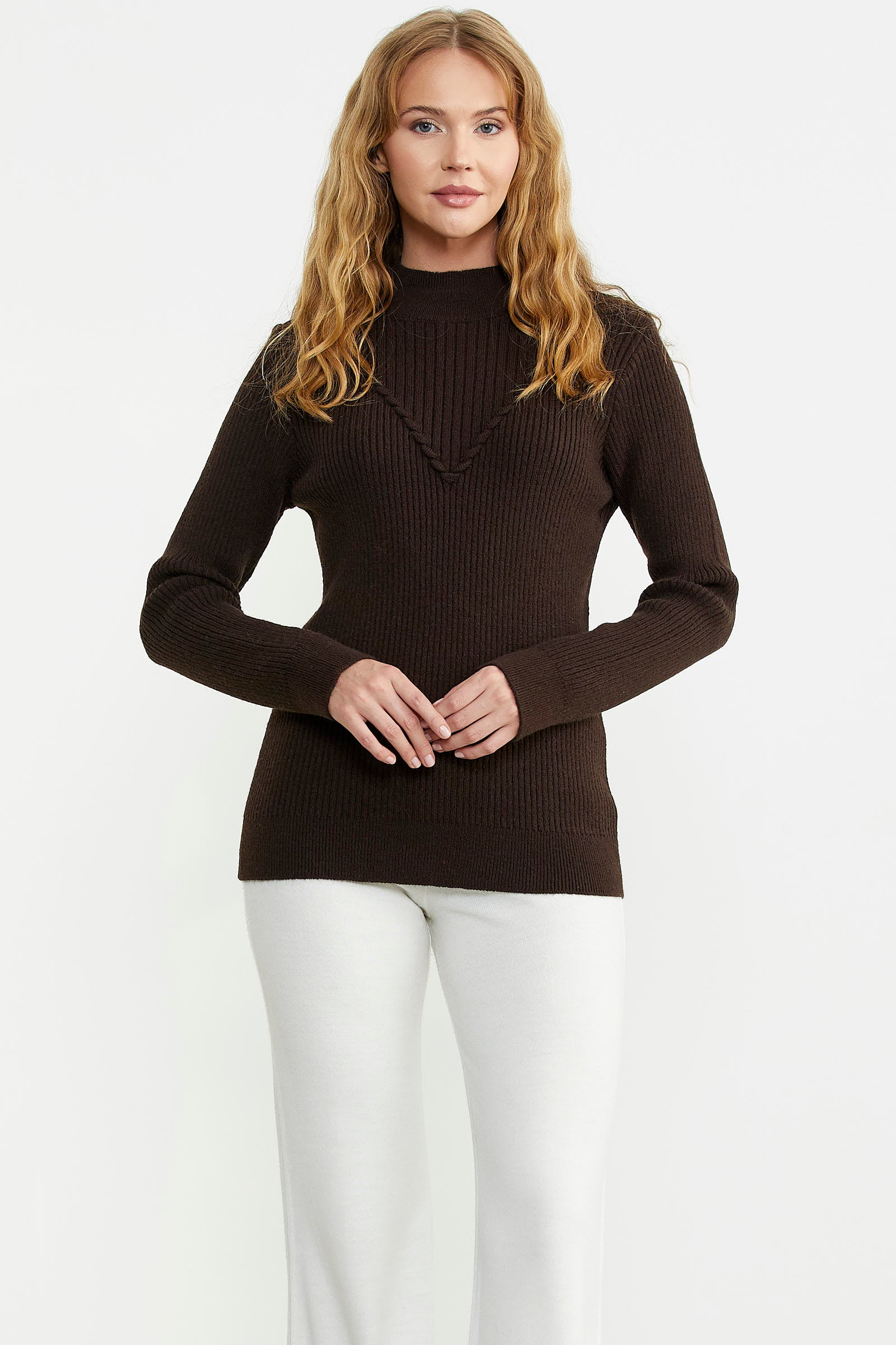 Dik Yaka Motifli Triko Kazak - Kahve - Sementa