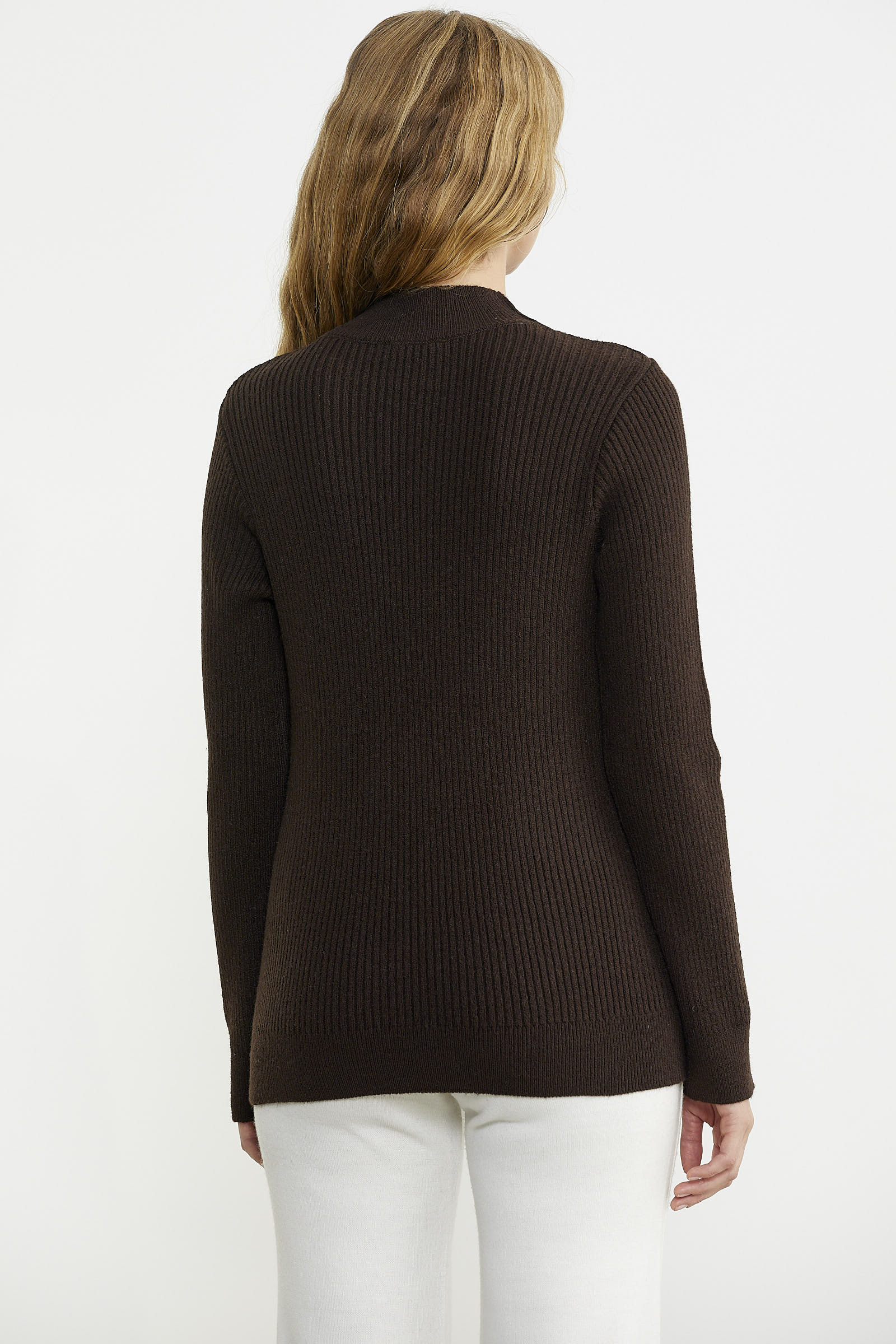 Dik Yaka Motifli Triko Kazak - Kahve - Sementa