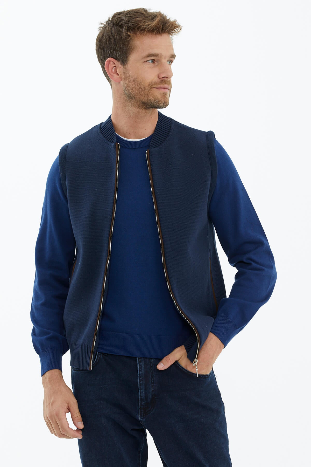 Dik Yaka Nubuk Biyeli Triko Yelek - Lacivert (4) Sementa