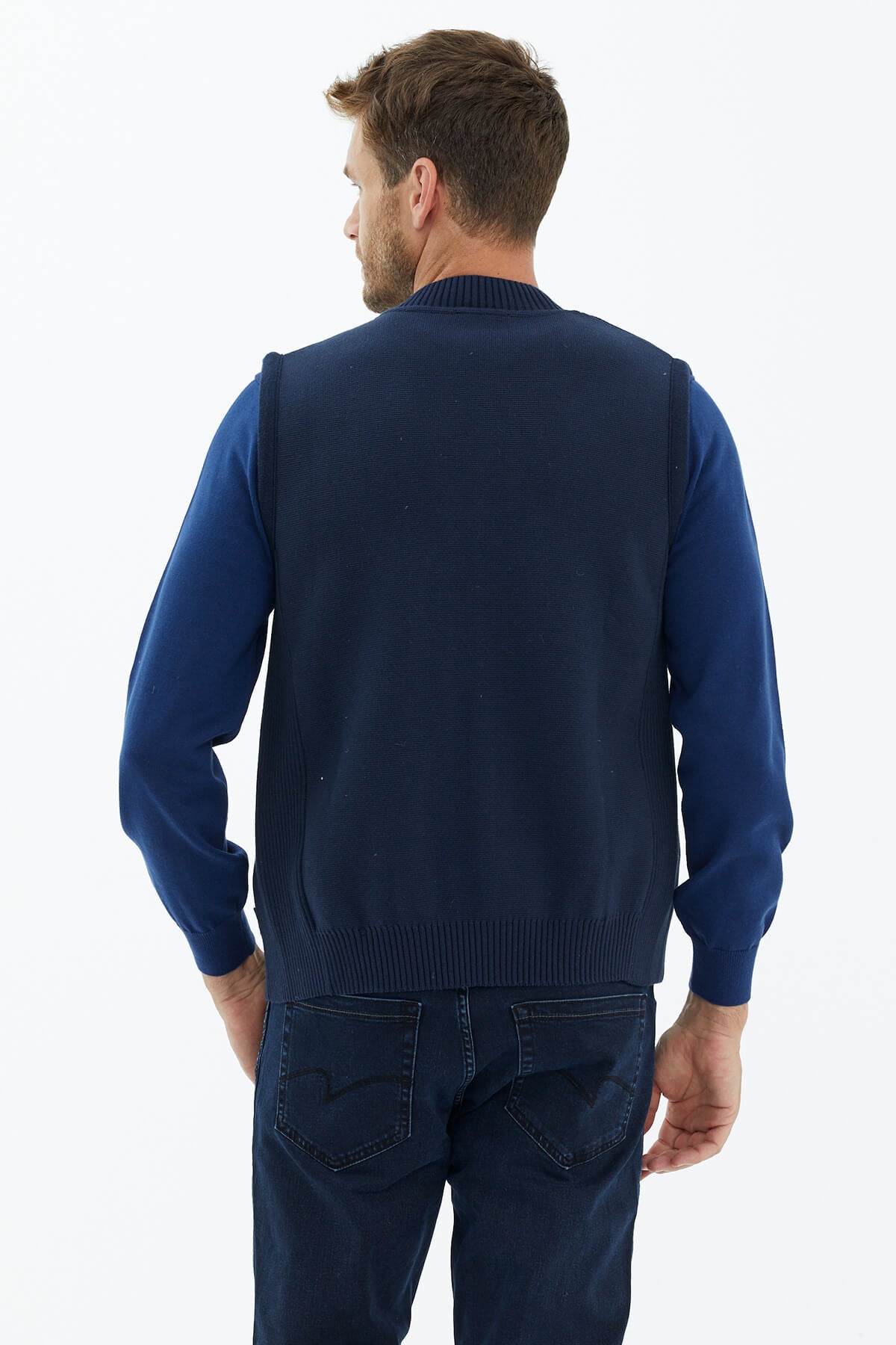 Dik Yaka Nubuk Biyeli Triko Yelek - Lacivert (5) Sementa