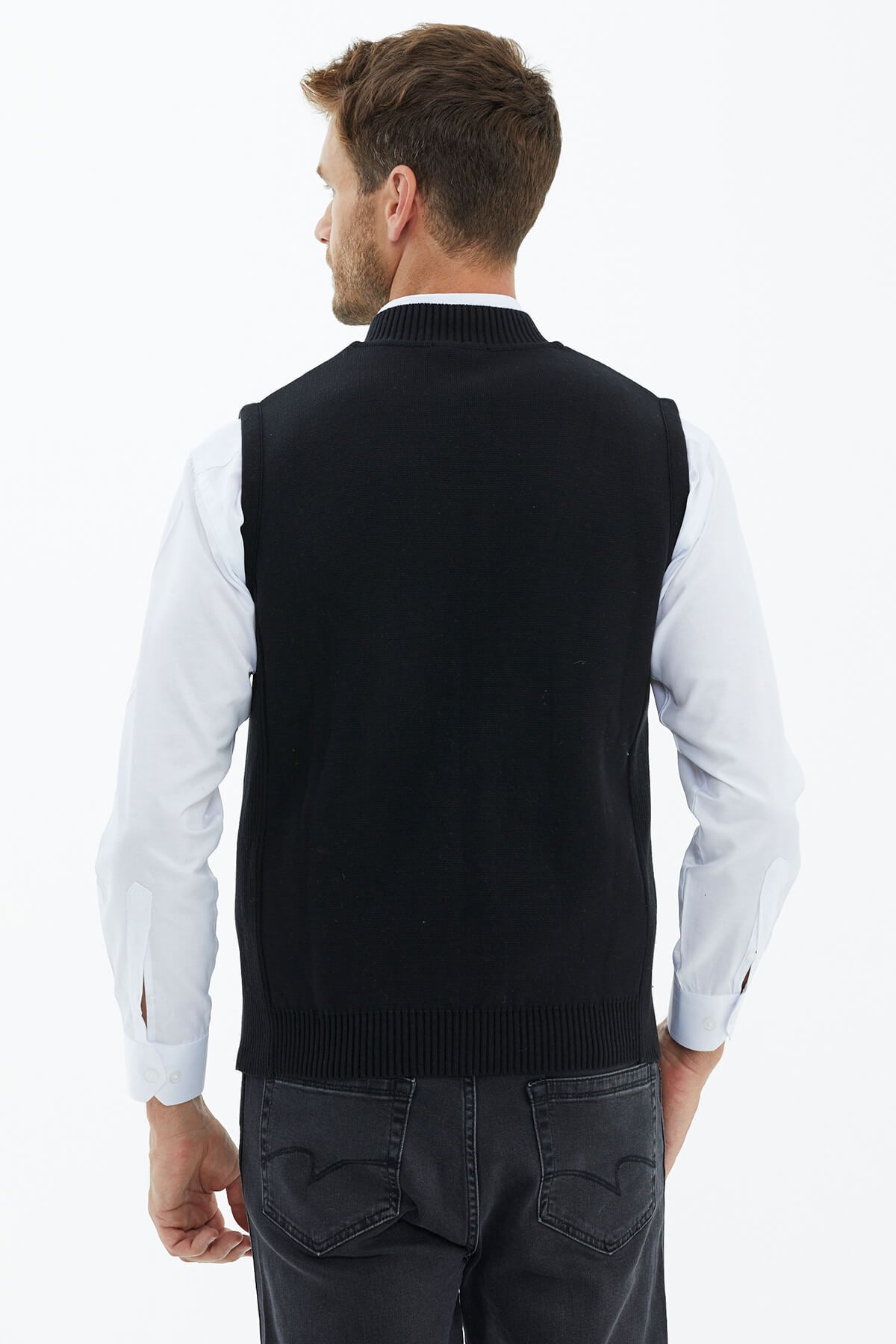 Dik Yaka Nubuk Biyeli Triko Yelek - Siyah (4) Sementa