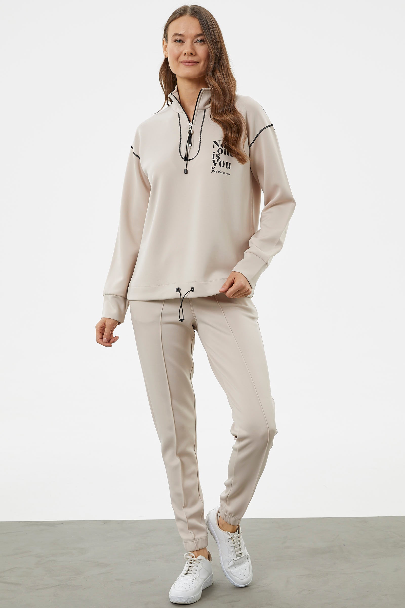 Dik Yaka Rahat Kalıp Eşofman Takım - Bej (3) Sementa