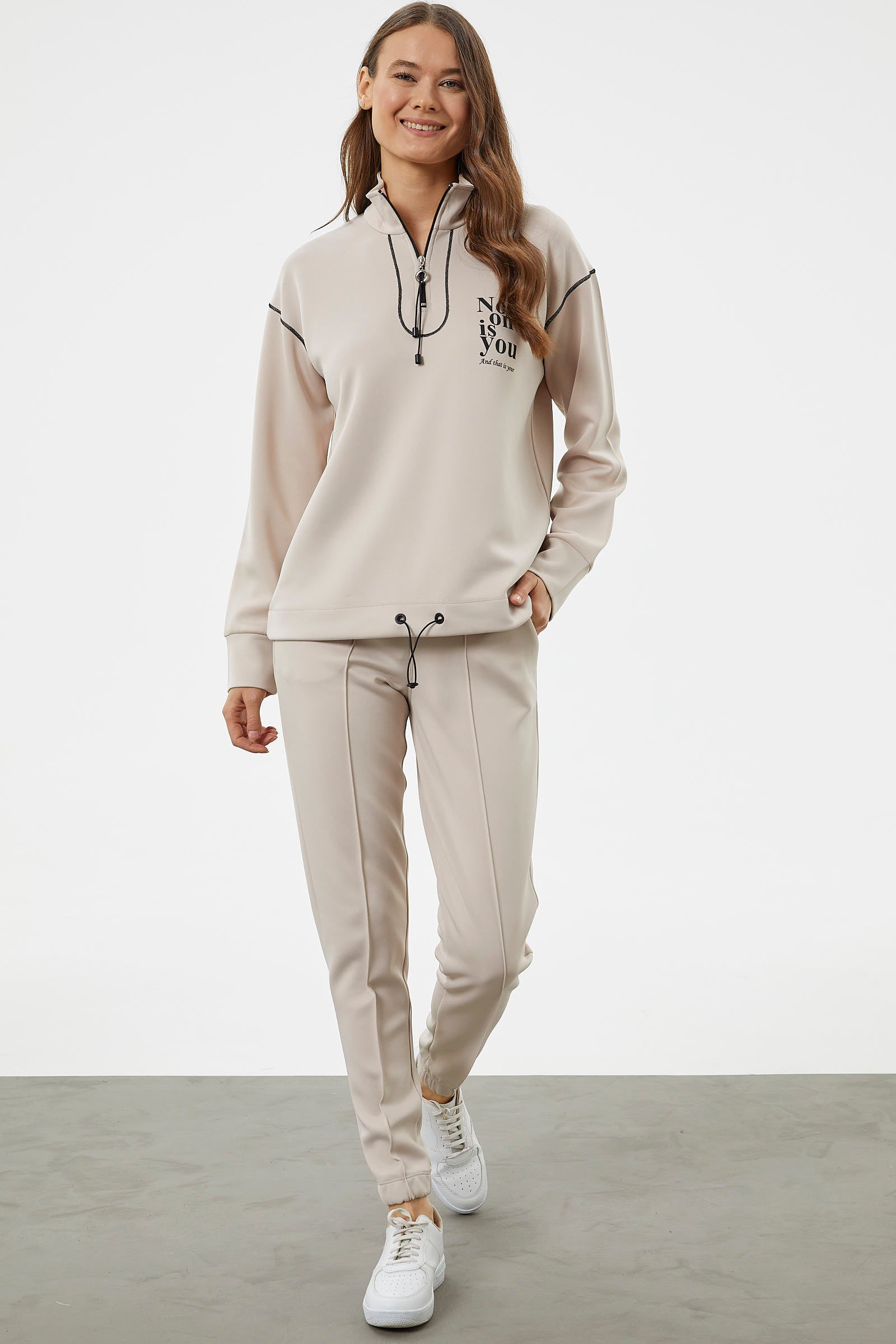 Dik Yaka Rahat Kalıp Eşofman Takım - Bej (4) Sementa