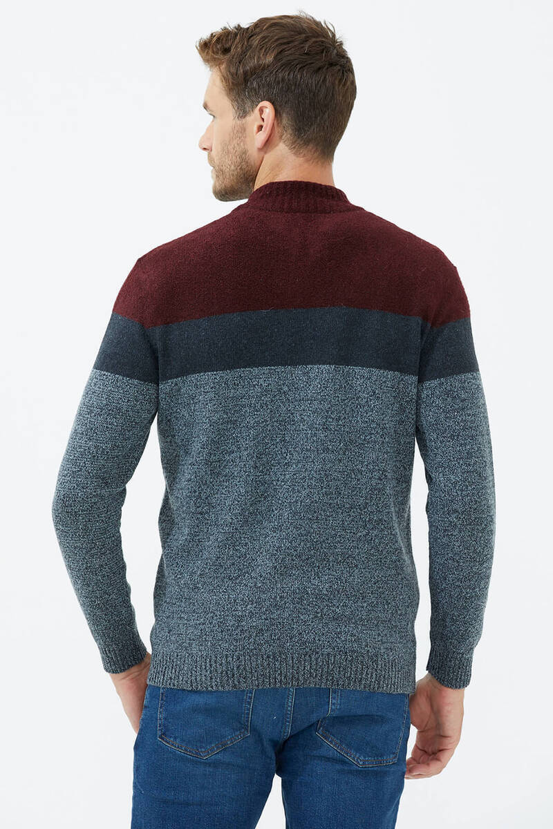 Dik Yaka Renkli Triko Hırka - Gri (4) Sementa