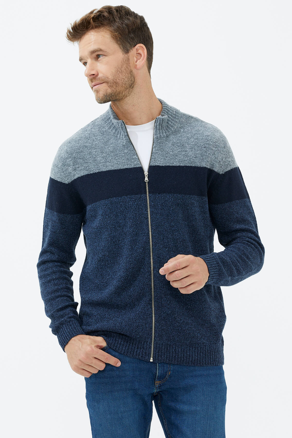 Dik Yaka Renkli Triko Hırka - Indigo (4) Sementa