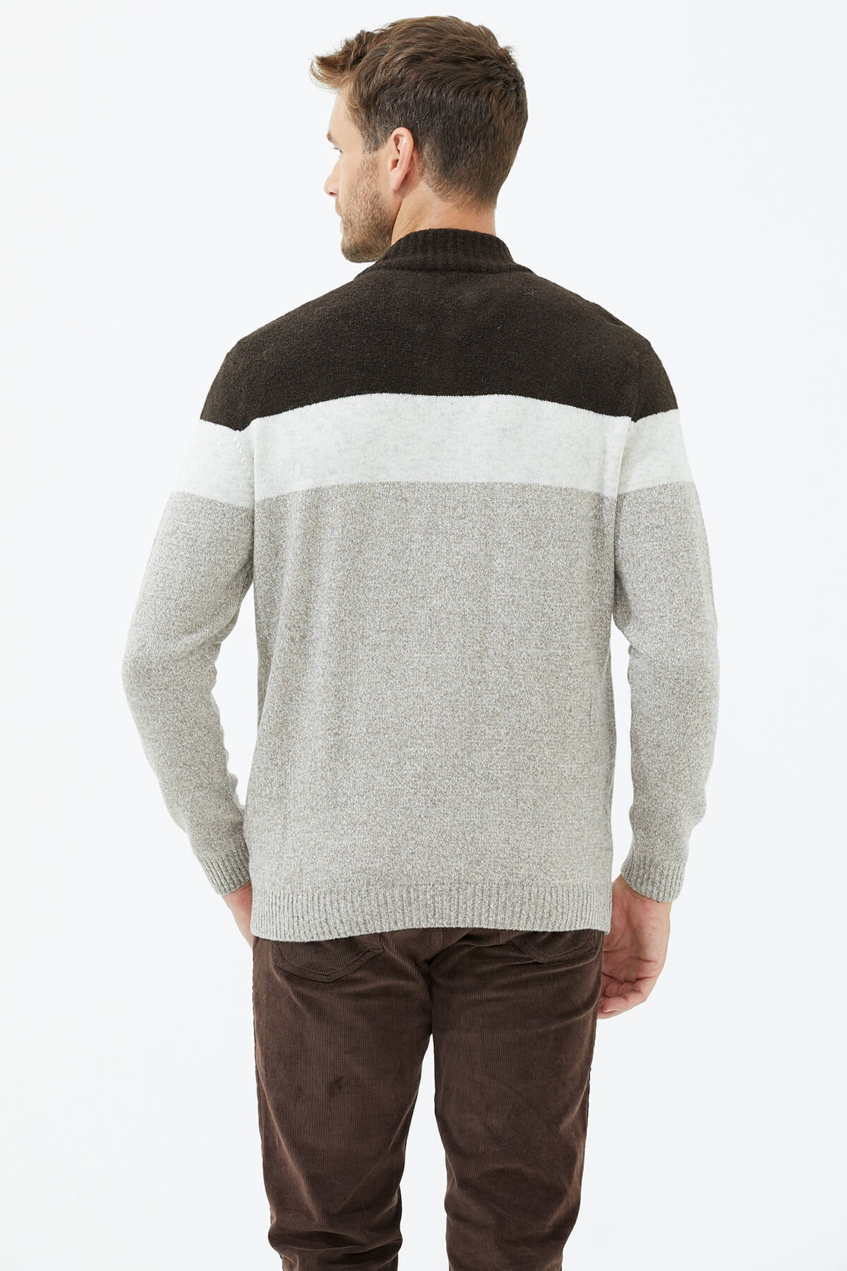 Dik Yaka Renkli Triko Hırka - Sütlü Kahve (4) Sementa