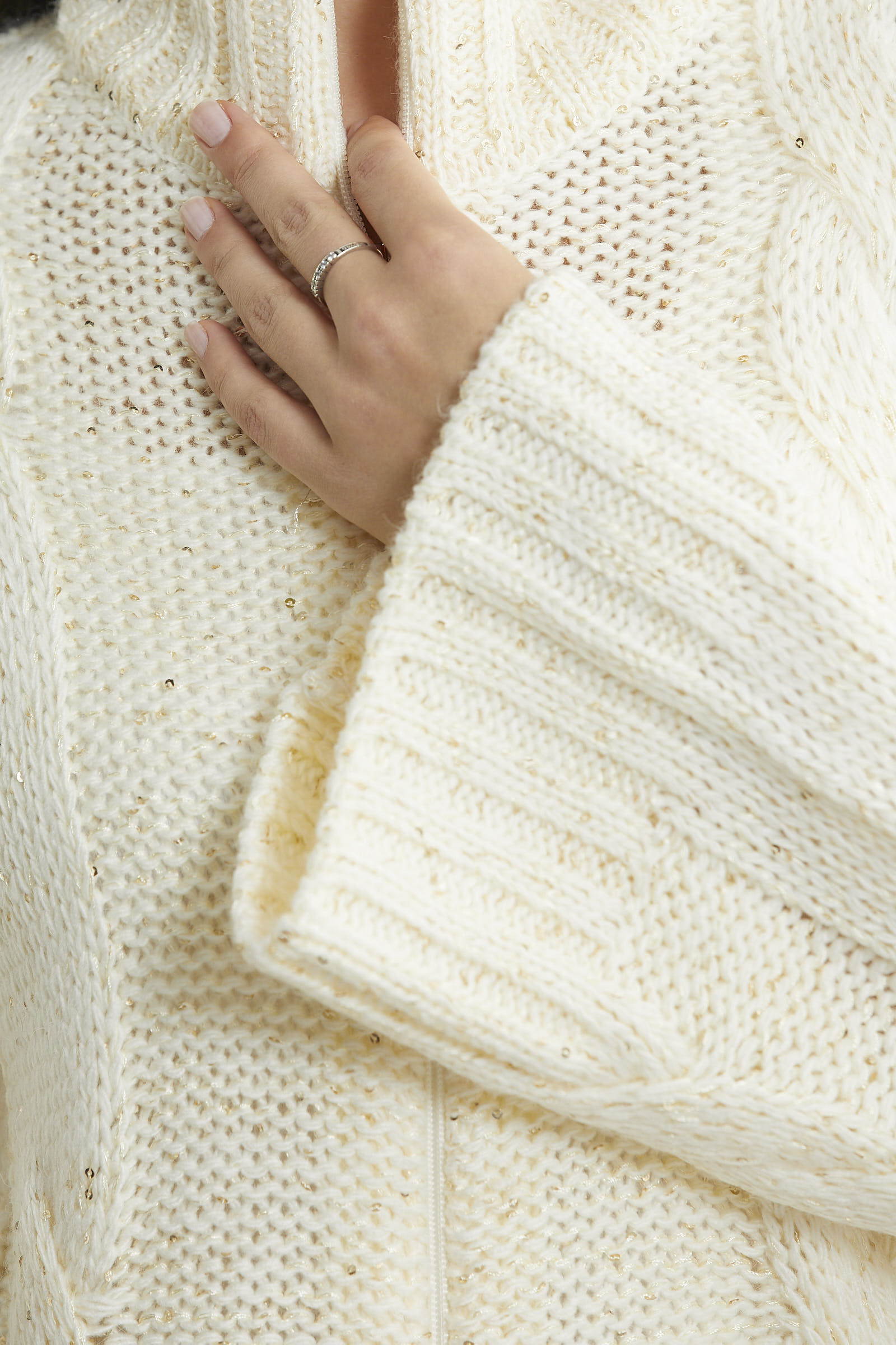 Dik Yaka Salaş Kol Yünlü Triko Hırka - Kemik - Sementa