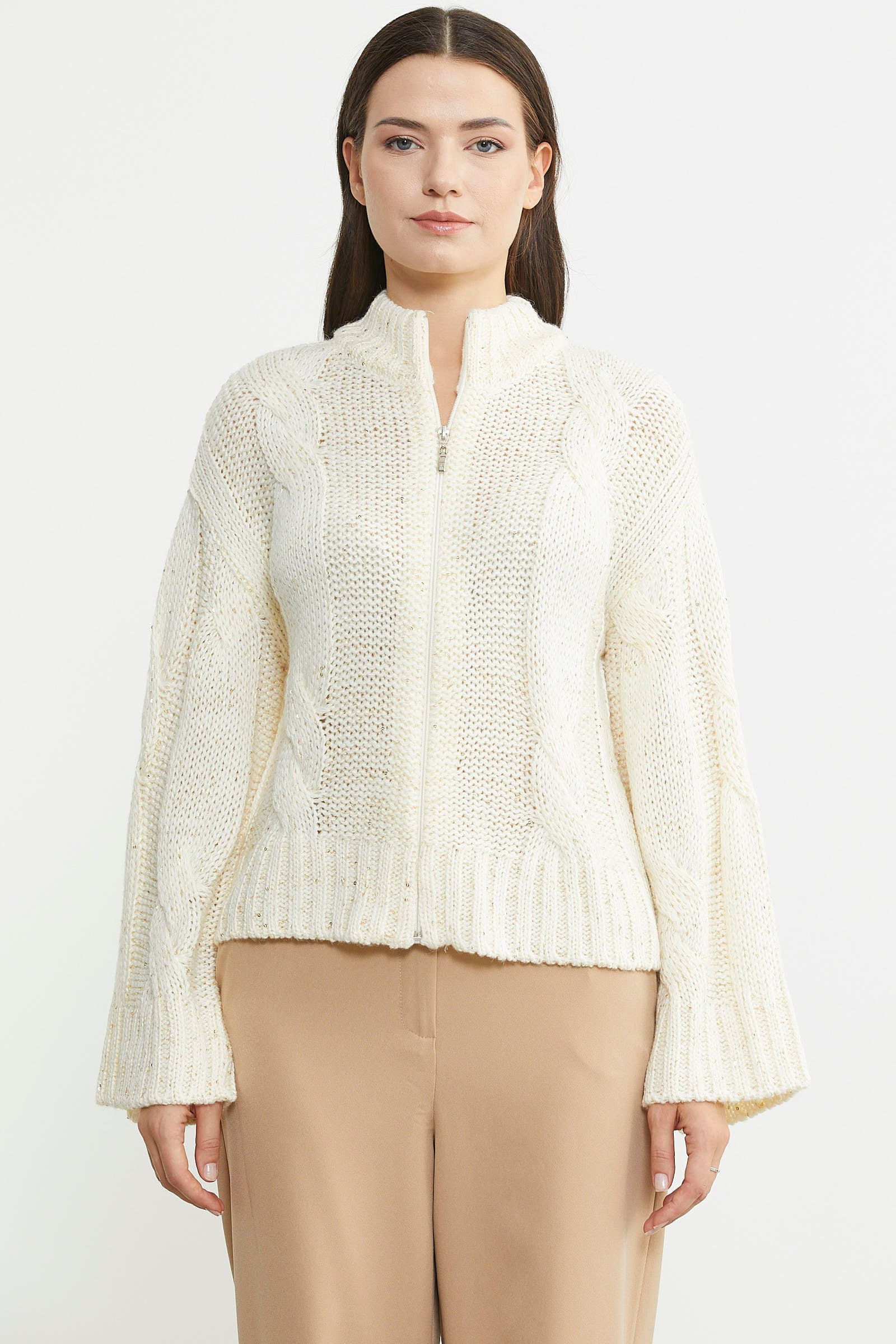 Dik Yaka Salaş Kol Yünlü Triko Hırka - Kemik - Sementa