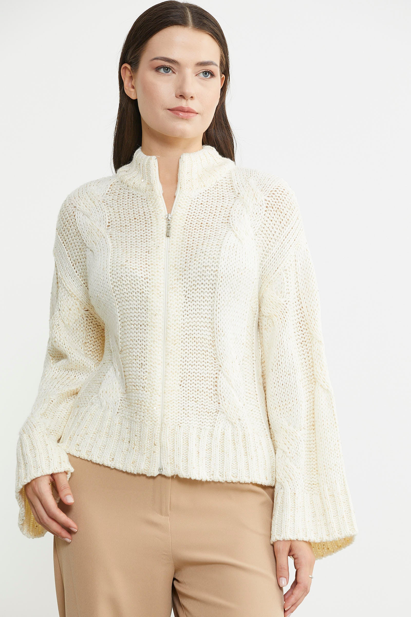 Dik Yaka Salaş Kol Yünlü Triko Hırka - Kemik - Sementa