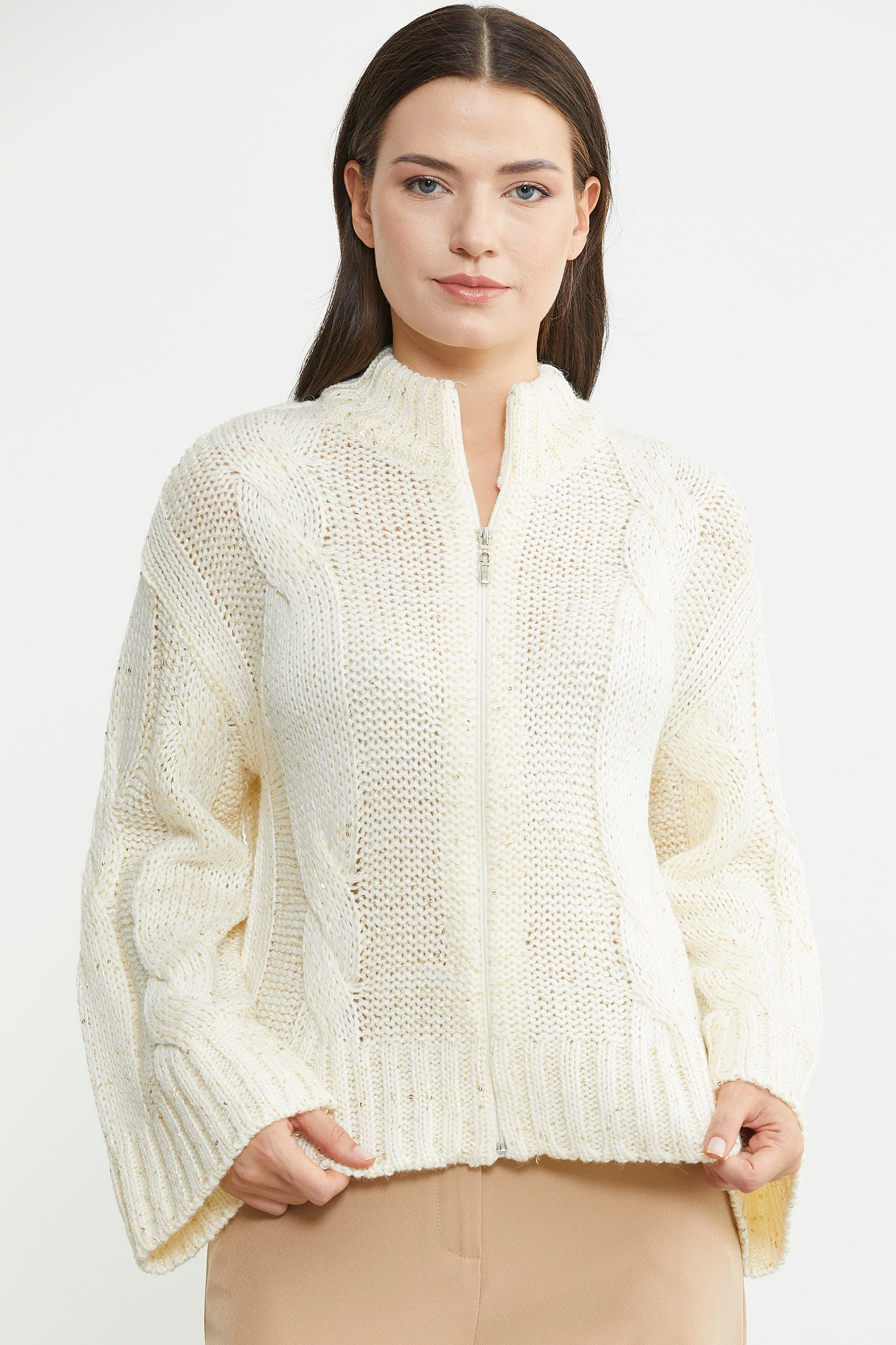 Dik Yaka Salaş Kol Yünlü Triko Hırka - Kemik - Sementa