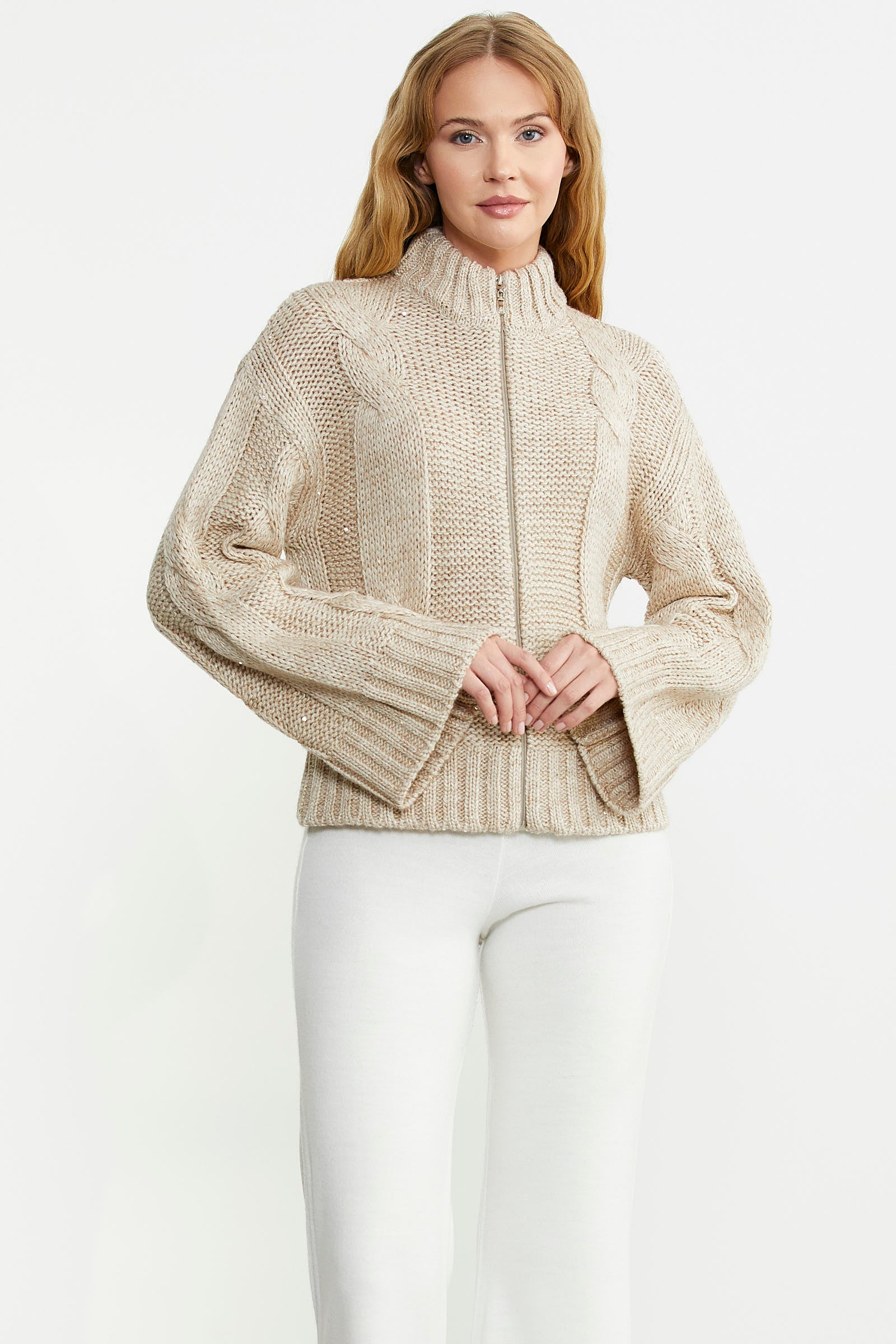 Dik Yaka Salaş Kol Yünlü Triko Hırka - Bej - Sementa