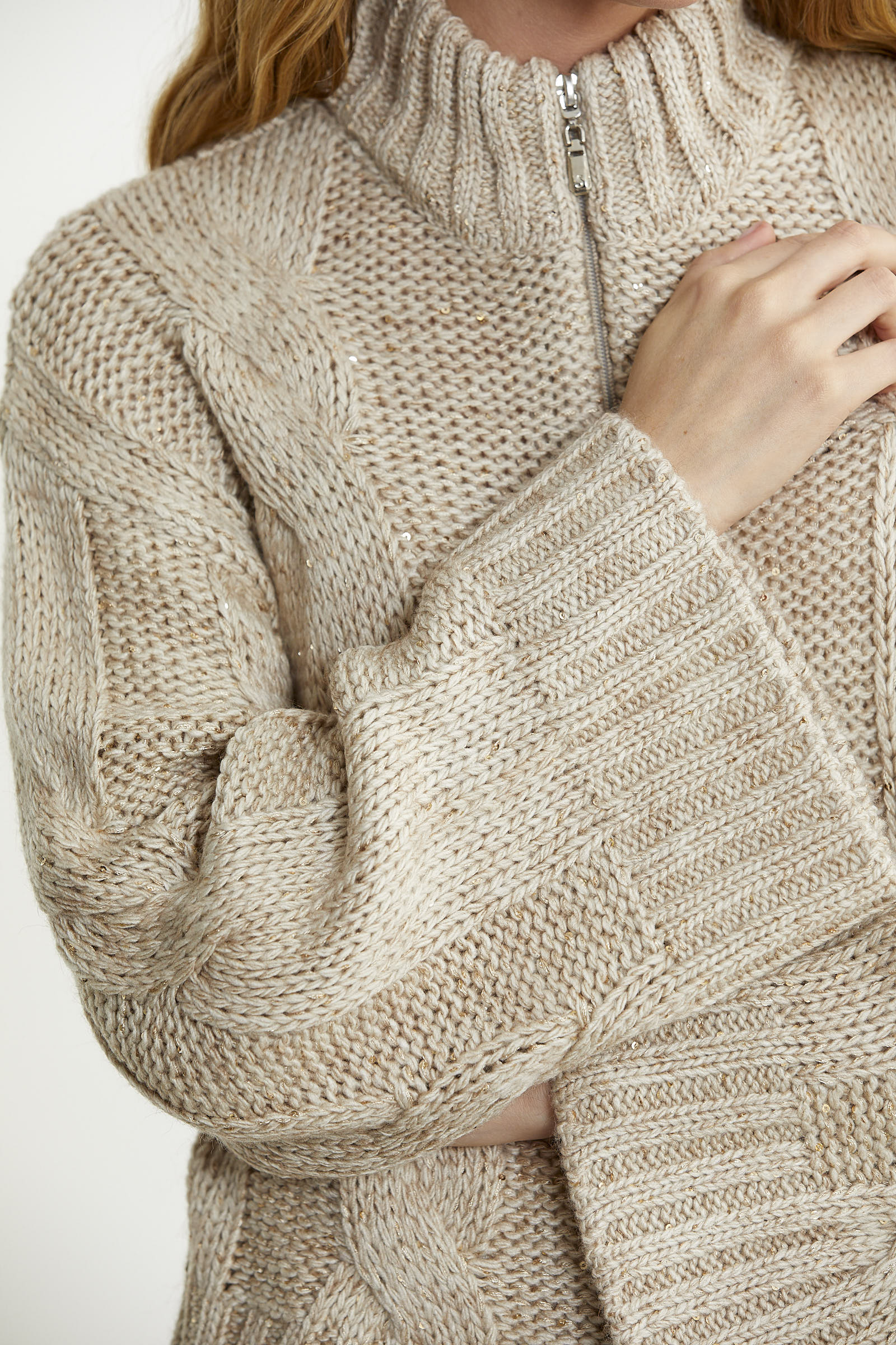 Dik Yaka Salaş Kol Yünlü Triko Hırka - Bej - Sementa