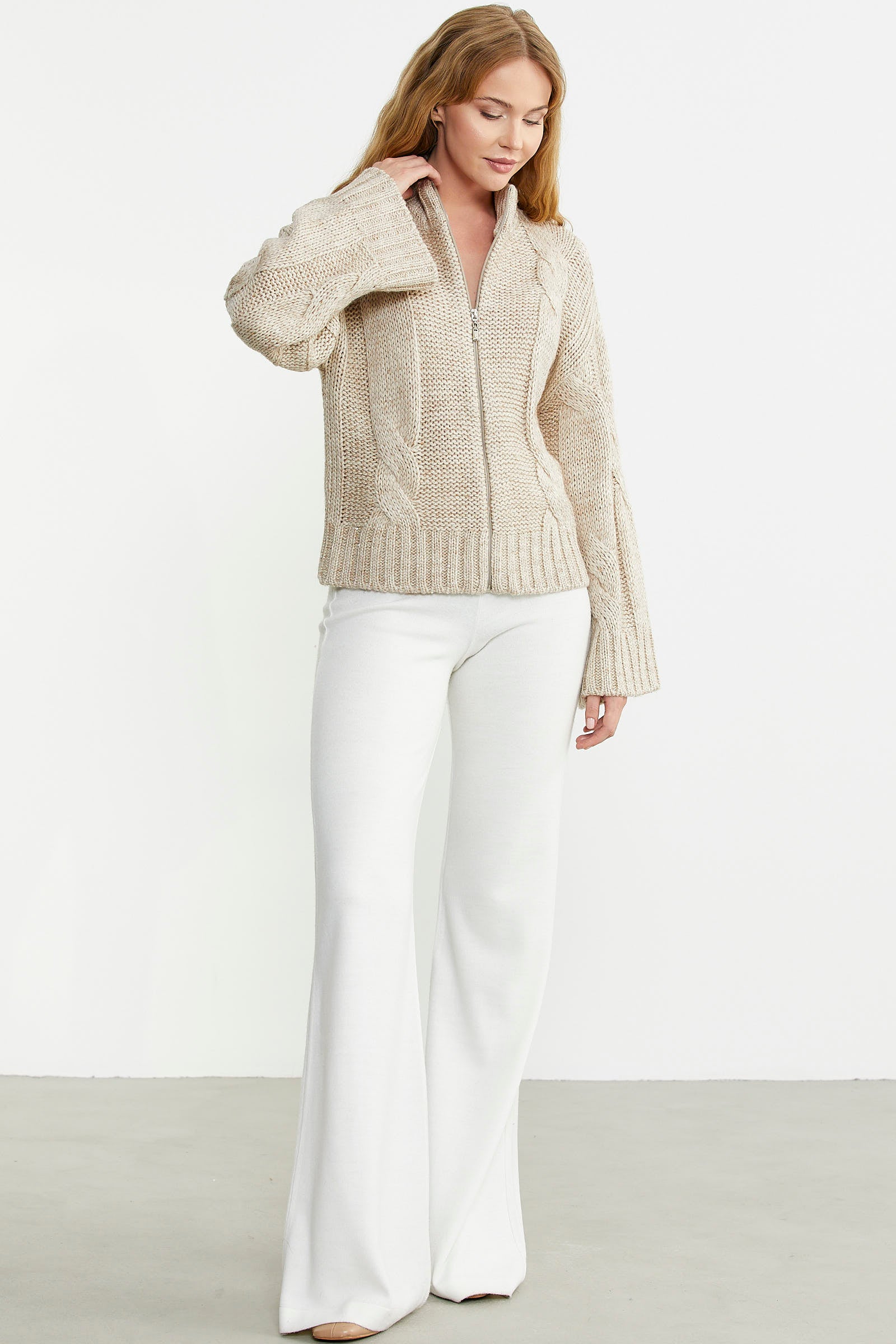 Dik Yaka Salaş Kol Yünlü Triko Hırka - Bej - Sementa