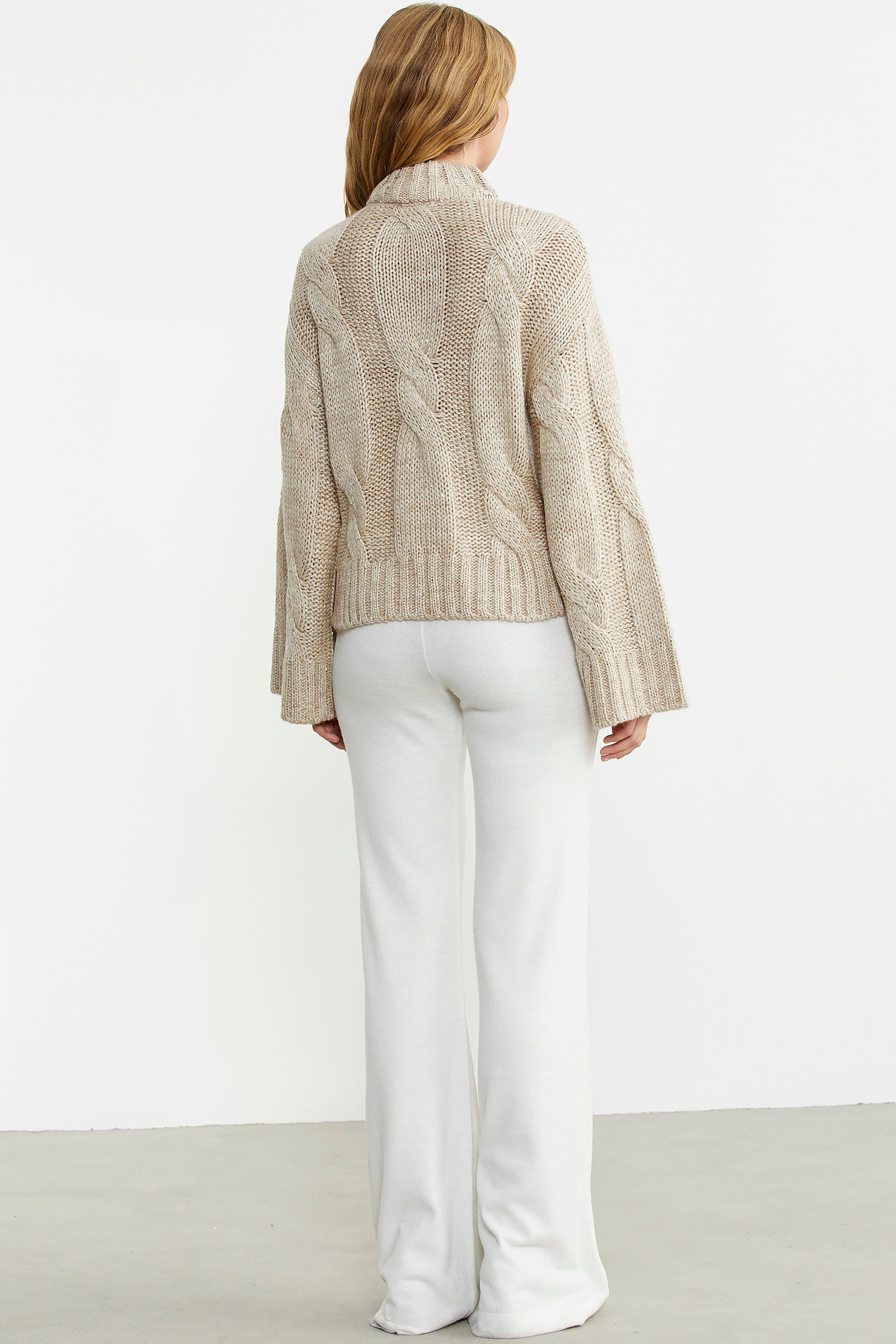 Dik Yaka Salaş Kol Yünlü Triko Hırka - Bej - Sementa