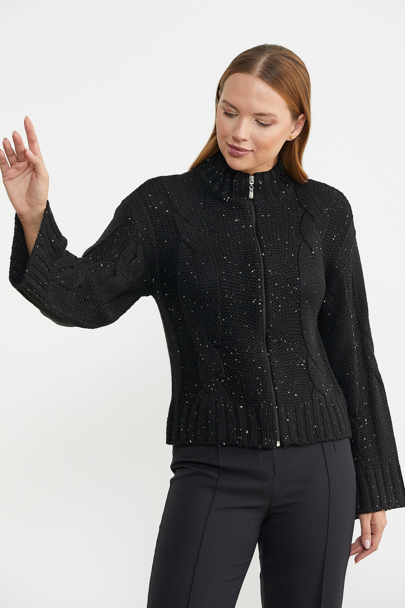 Dik Yaka Salaş Kol Yünlü Triko Hırka - Siyah - Sementa