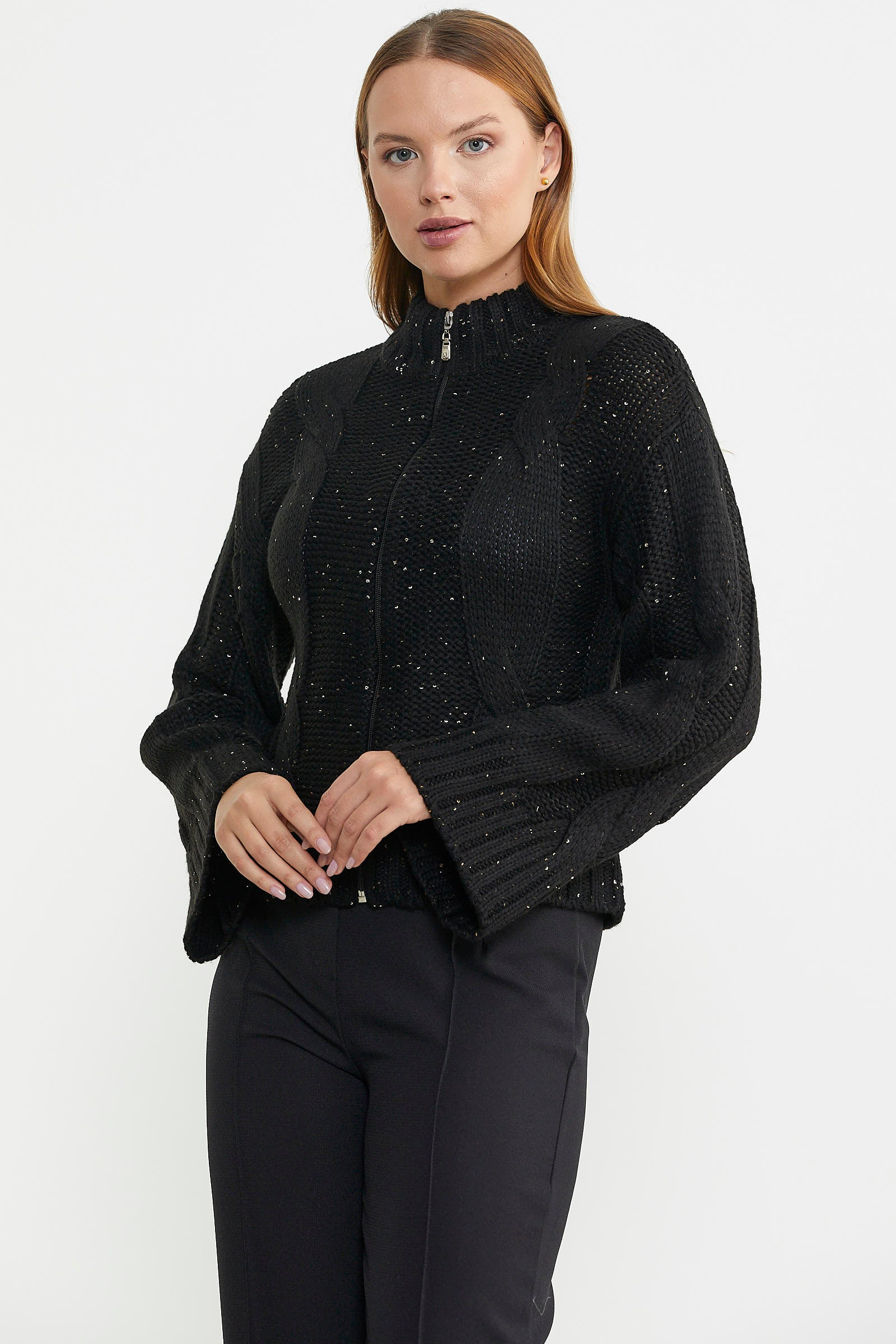 Dik Yaka Salaş Kol Yünlü Triko Hırka - Siyah - Sementa