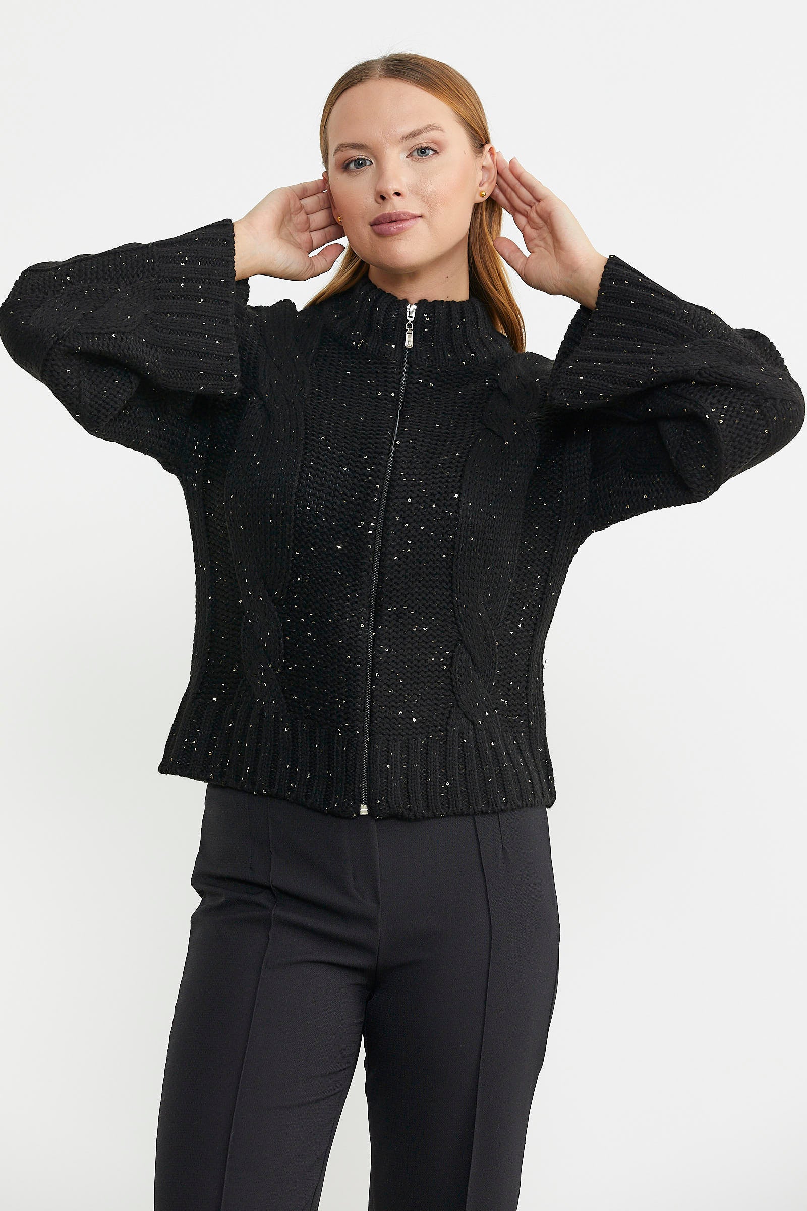 Dik Yaka Salaş Kol Yünlü Triko Hırka - Siyah - Sementa