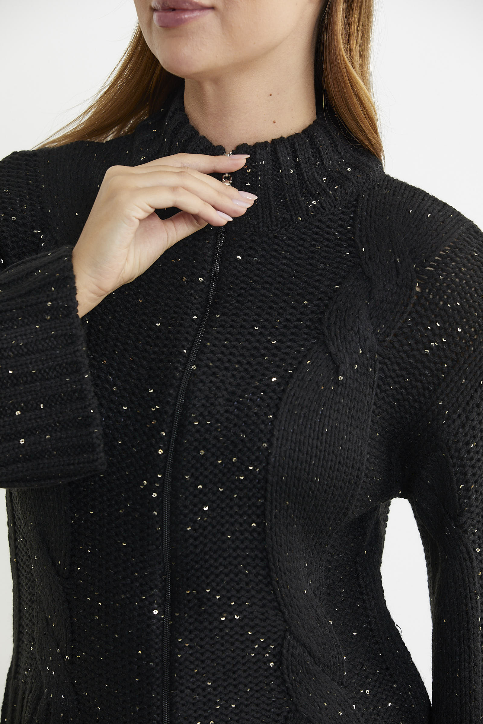 Dik Yaka Salaş Kol Yünlü Triko Hırka - Siyah - Sementa