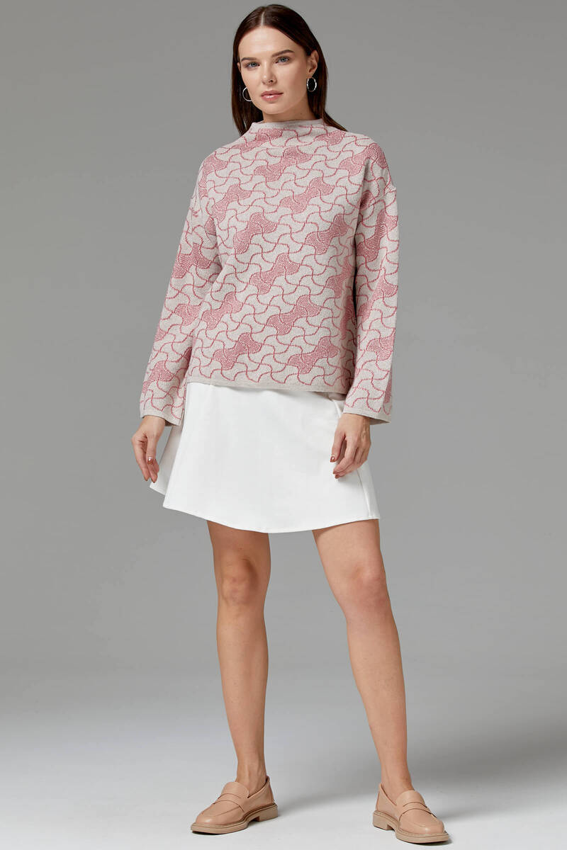 Dik Yaka Sim Detaylı Desenli Triko Kazak - Bej (3) Sementa