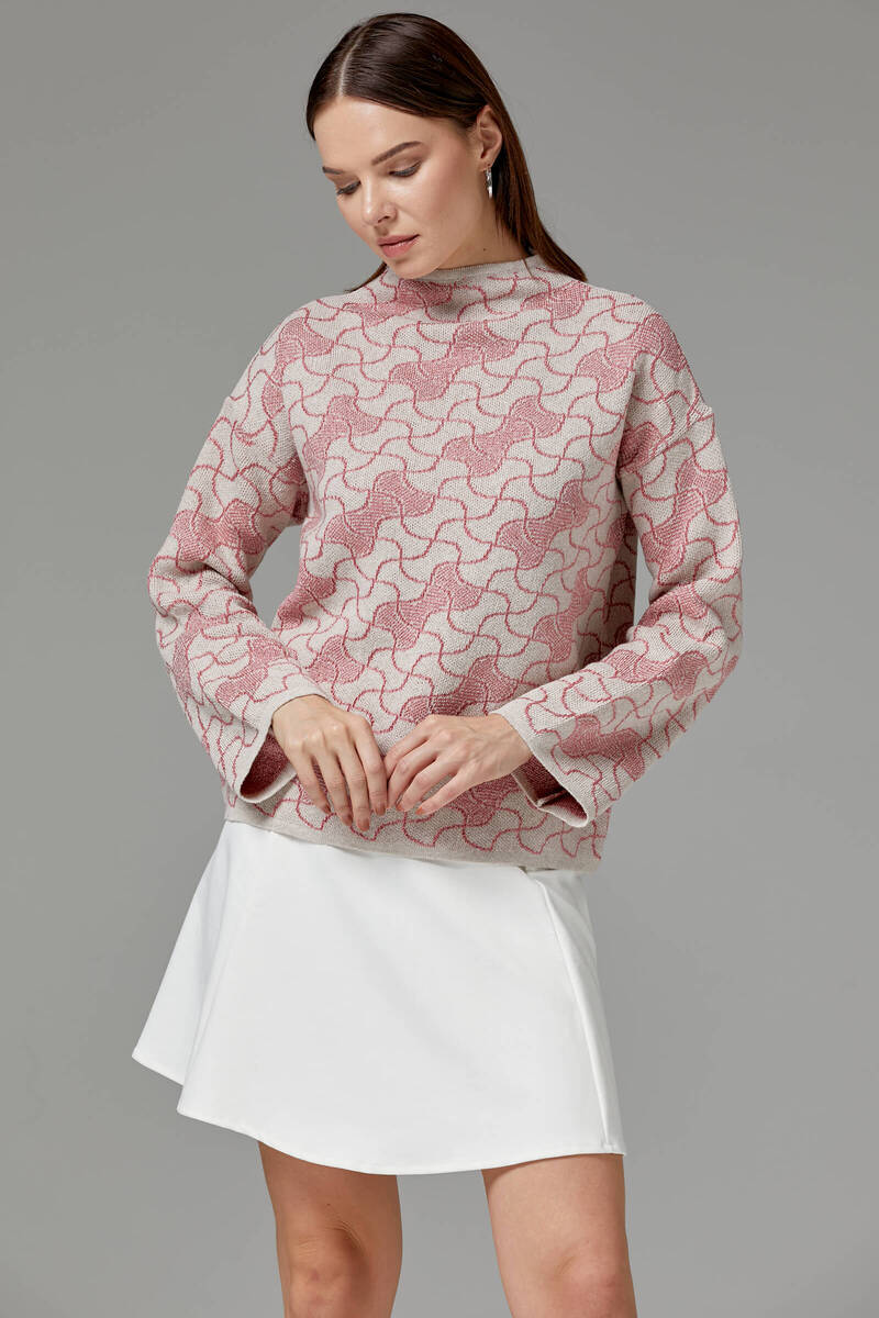 Dik Yaka Sim Detaylı Desenli Triko Kazak - Bej (4) Sementa